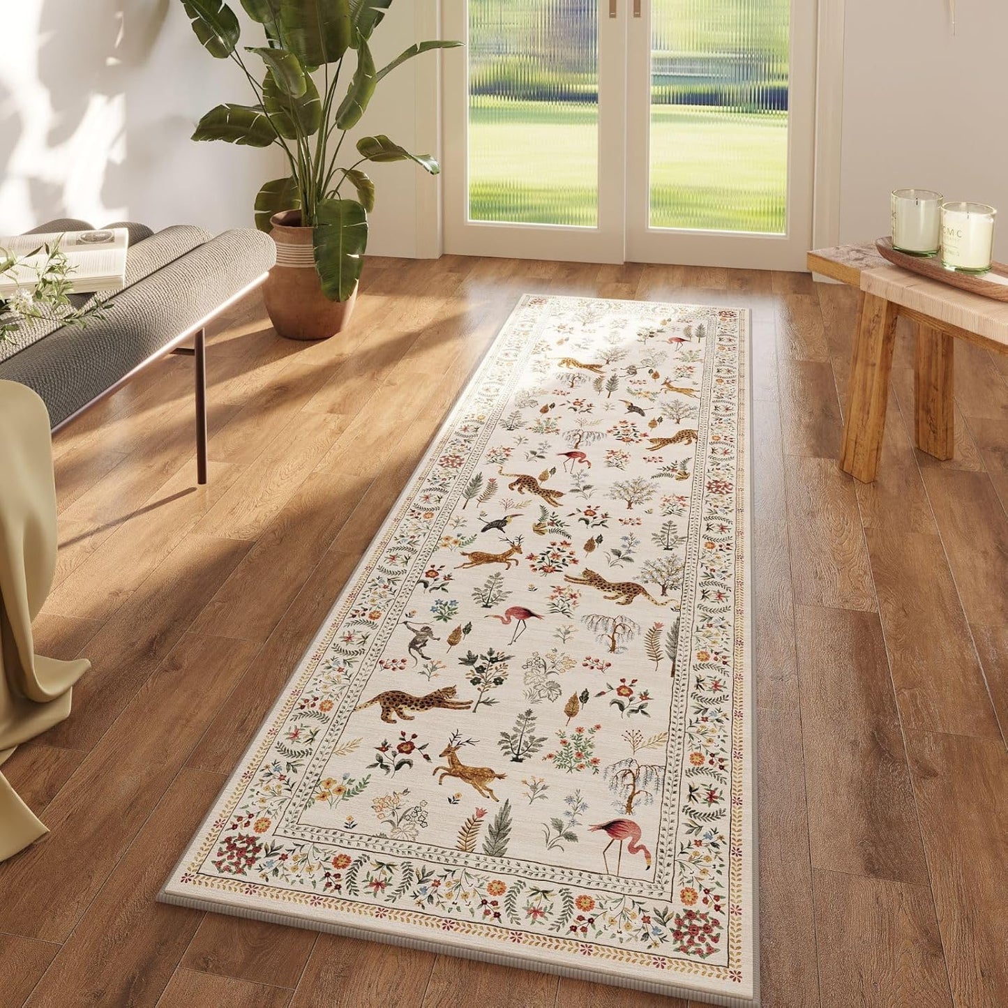 Rugcomf Runner Rug for Kitchen Rug Non Slip 2'x6' Washable Rugs with Rubber Backing Soft Floral Animal Carpet Runner for Kitchen, Laundry, Bedroom, Bathroom (Beige)