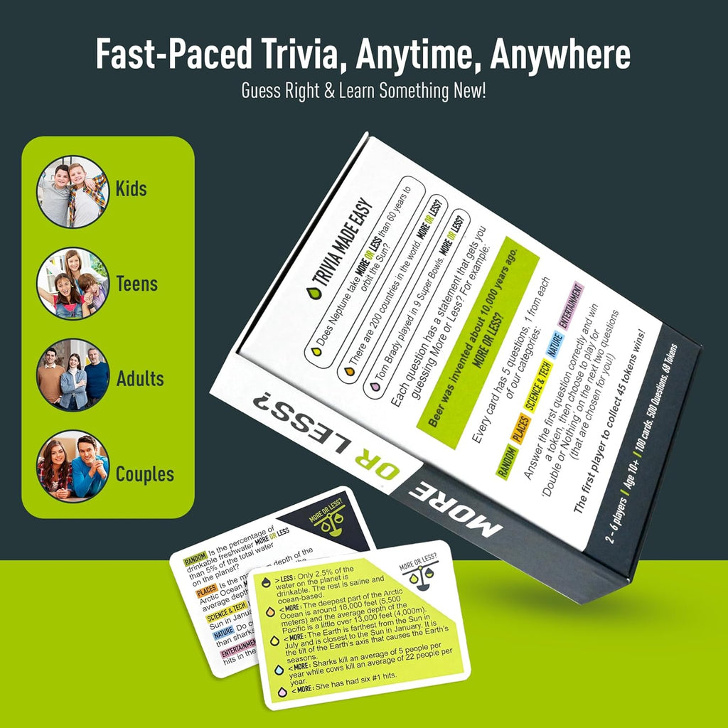More Or Less? Trivia Card Game - Compact & Fun - Ideal for Travel, Families, Game Nights 5 Trivia Categories: Random, Places, Science & Tech, Nature and Entertainment