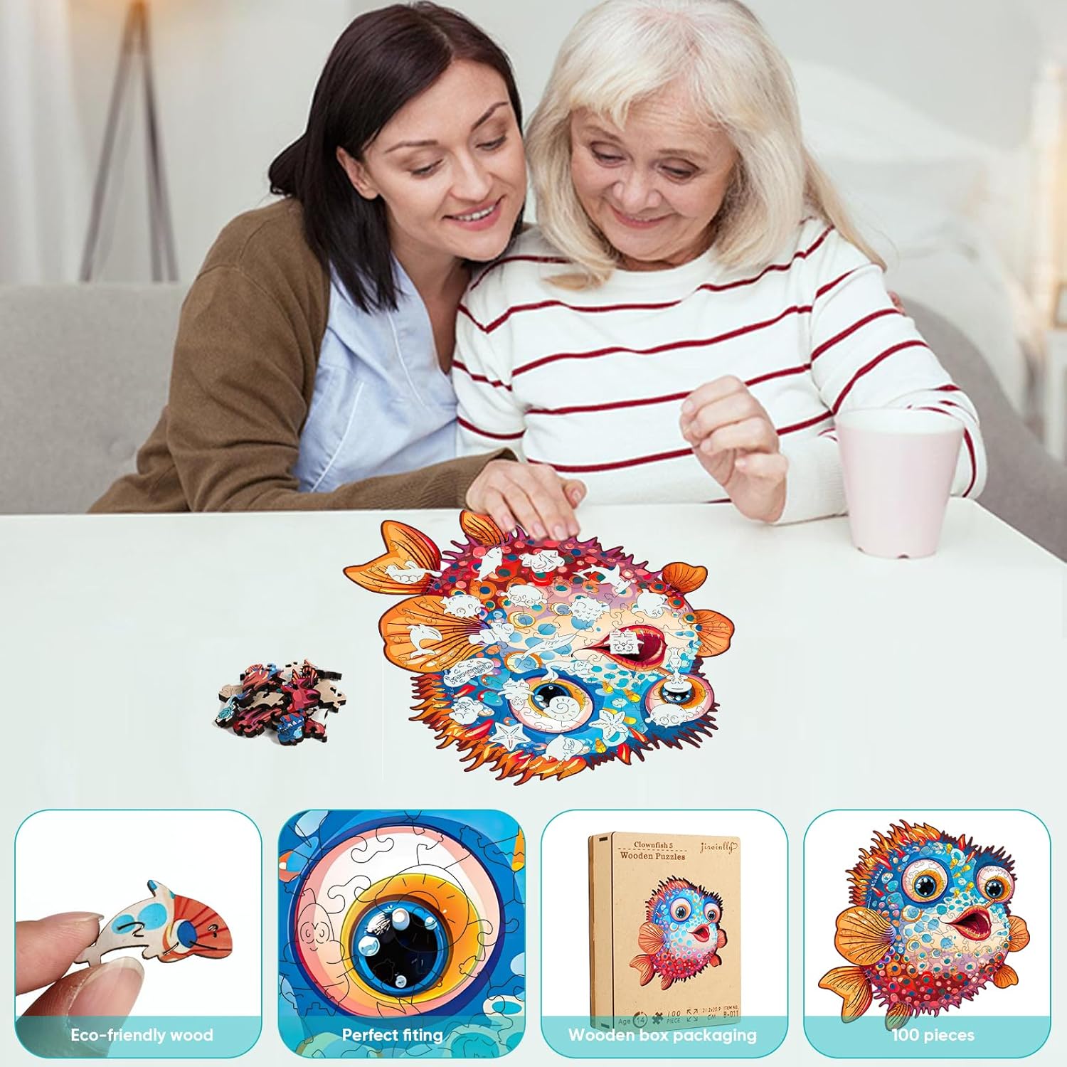 Wooden Puzzles for Kids,100 Pieces Ocean Puzzle,Unique Fish Shaped Wooden Puzzle, Preschool Puzzle Toys, Give Your Kids/Grandchildren, Suitable for Family Games
