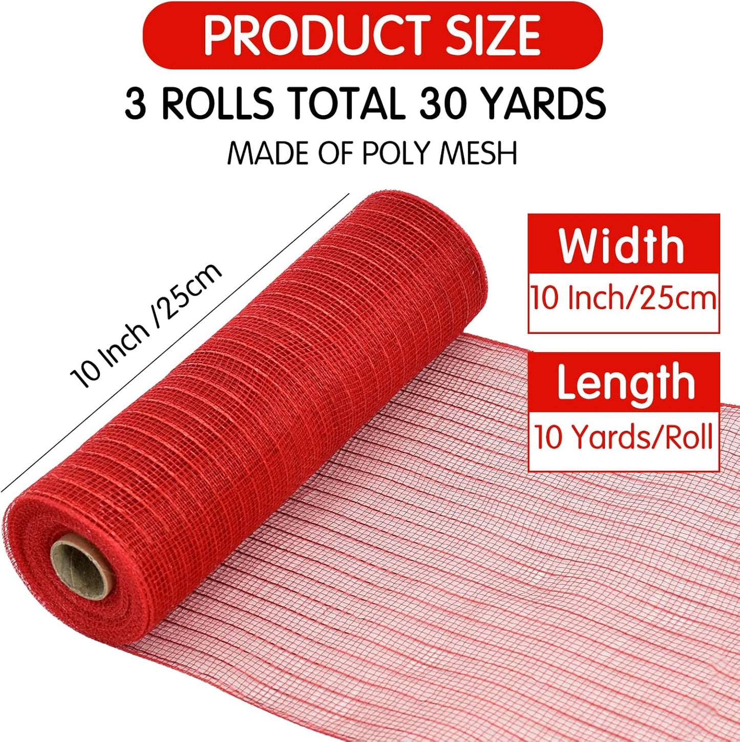 TONIFUL 3 Roll 10 Inch Red Gold and Green Decorative Mesh Ribbon Rolls, Fabric Mesh with Foil for Wreaths Front Door Decor Christmas Festival Party Accessories Party Decoration Supplies (10yds/roll