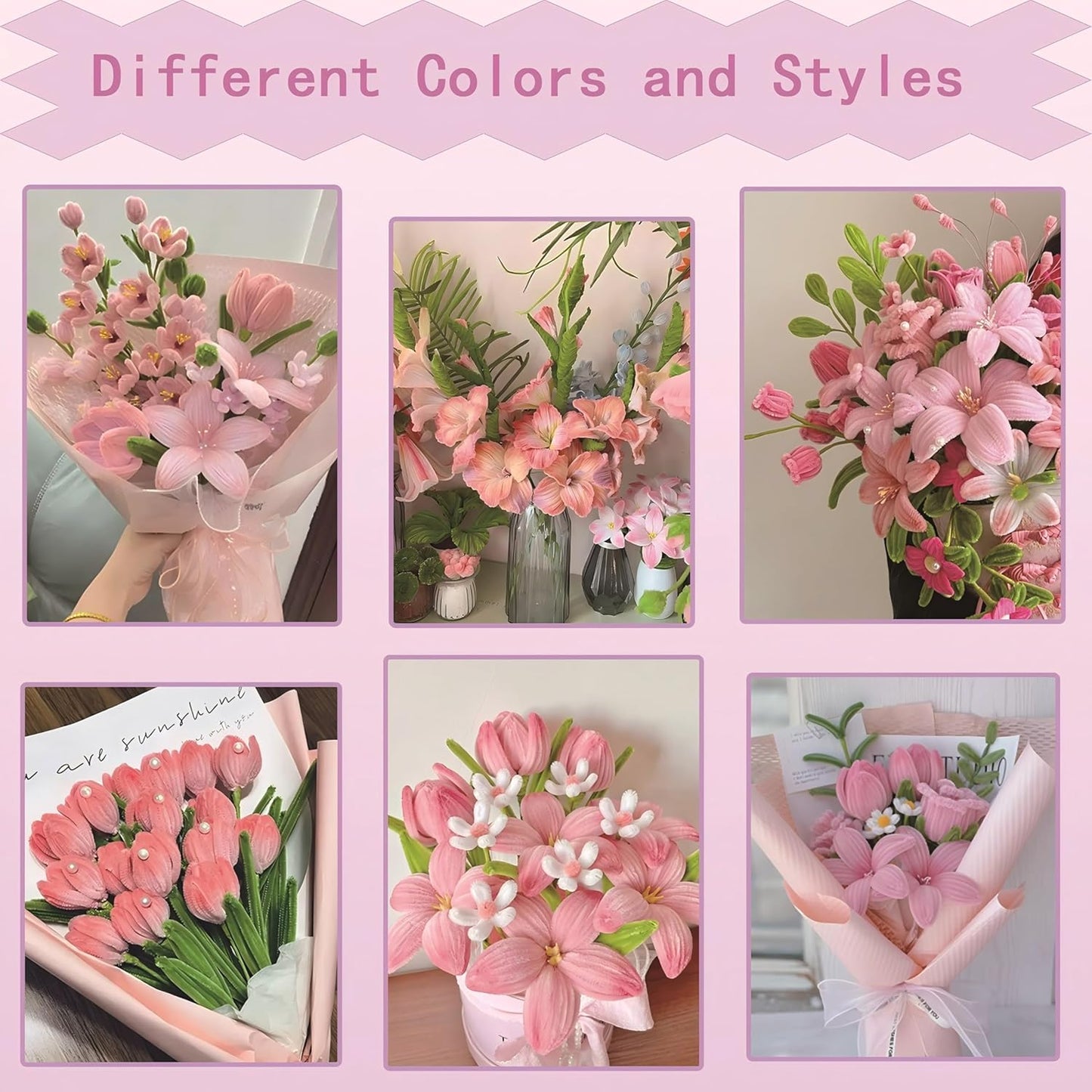 Pipe Cleaners Craft, 400pcs Pipe Cleaners with Flower Stems, Floral Tape, Ribbon, for Flower Bouquet DIY-Pink