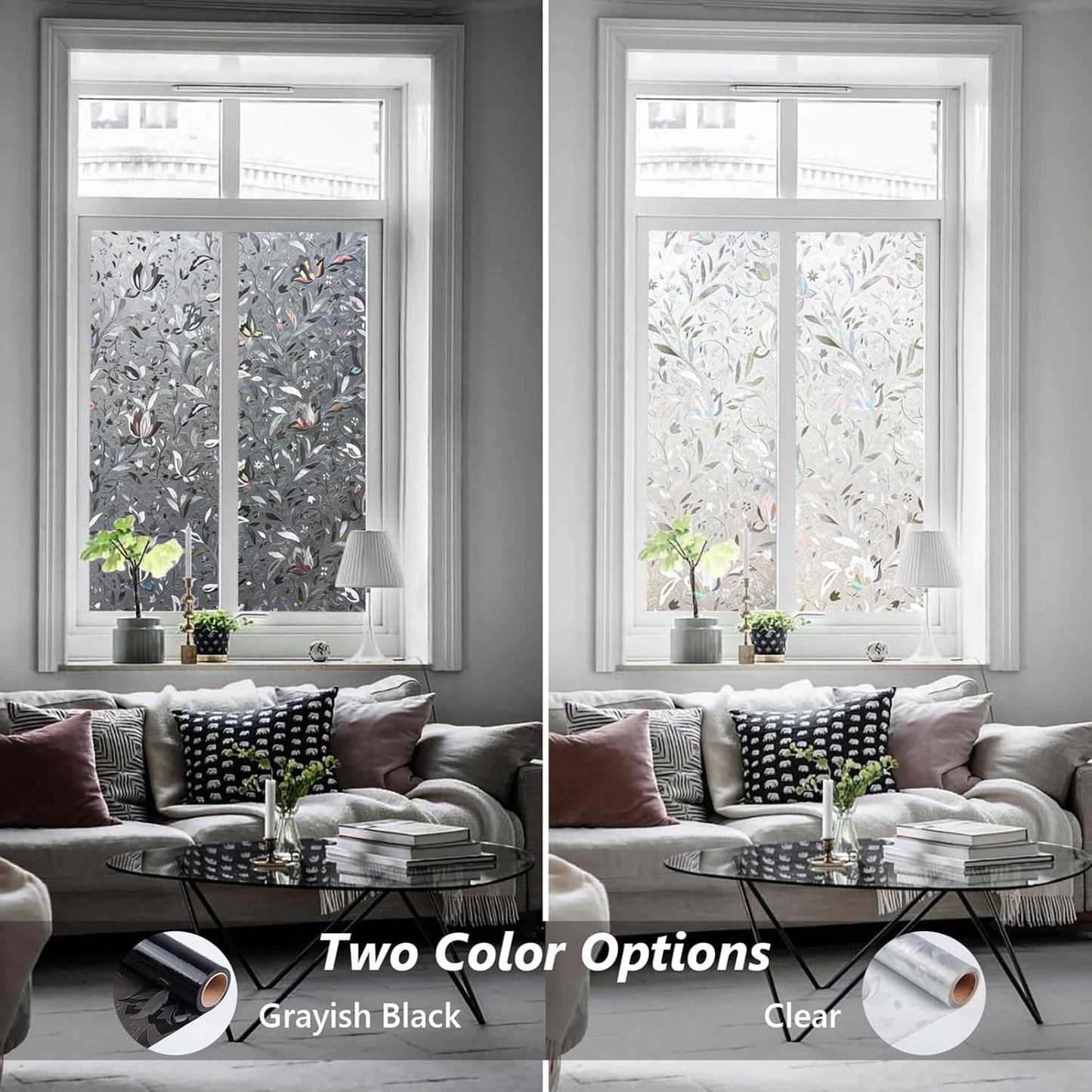Kromapolis Window Film, Window Privacy Film Frosted, Vinyl Glass Covering, Stained Glass Decorative Film, Static Window Clings, Non-Adhesive (Grayish Black, 29.5 x 78.7 inch)