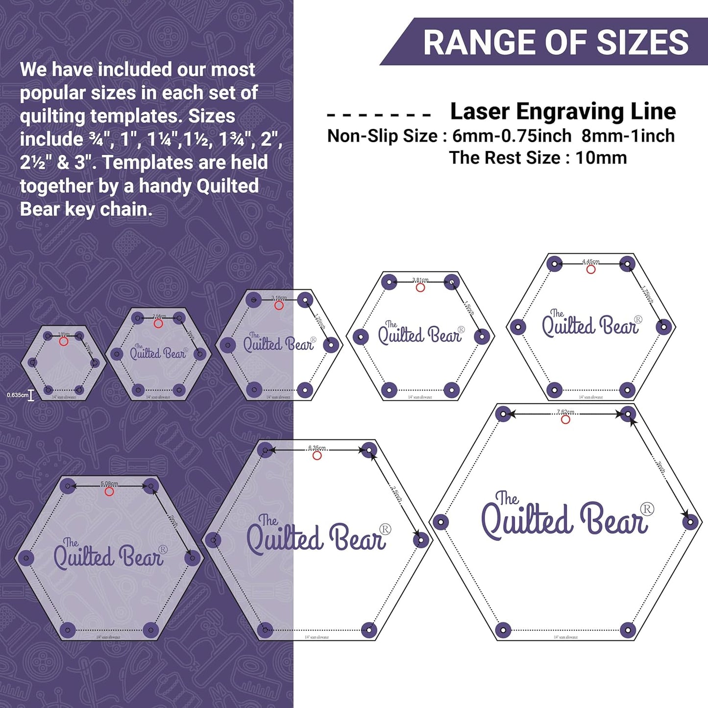 The Quilted Bear Pentagon Quilting Templates – 8 Clear Non-Slip Acrylic Quilt Templates for Precise Fabric Cutting & Stress-Free Machine Quilting - Ideal for Quilt & Sewing Supplies (¾–3")