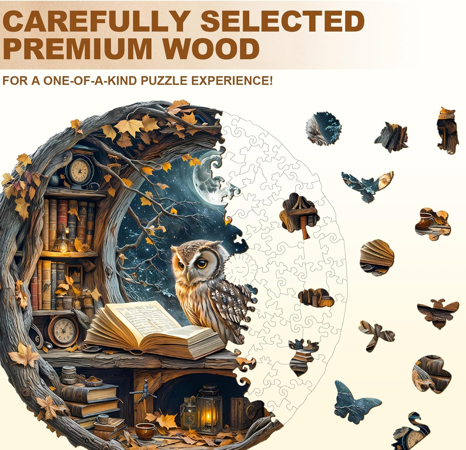 WOODBESTS Wooden Puzzles for Adults - Moonlit Owl Wooden Jigsaw Puzzle, Unique Animal Wood Puzzles Adult,Xmas Puzzle Gifts for Puzzles Lovers(100 Pcs, S, 8.5"x8.5")