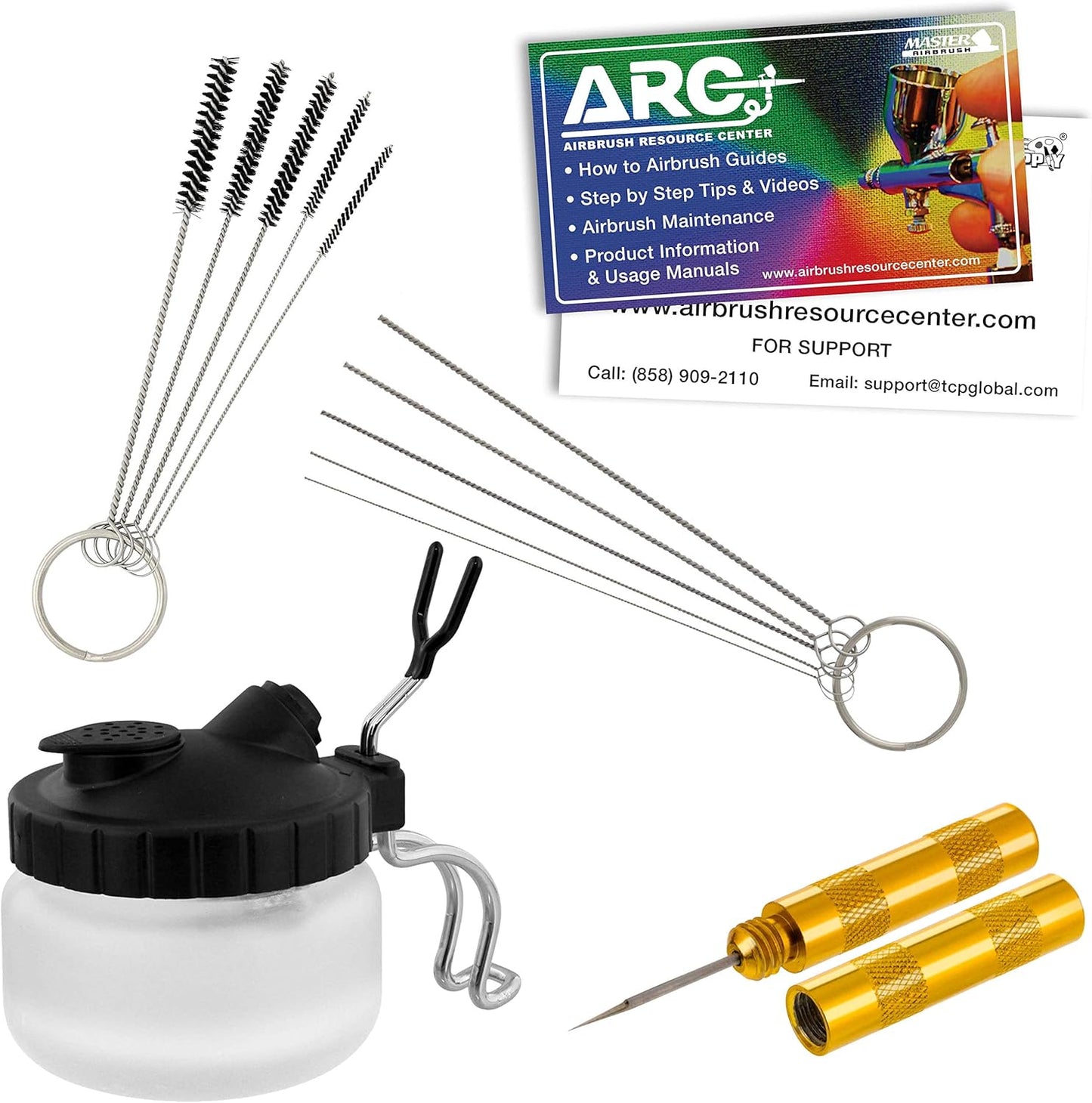 Master Airbrush 13 Piece Airbrush Cleaning Kit - Glass Cleaning Pot Jar with Holder, 5 pc Cleaning Needles, 5 pc Cleaning Brushes, 1 Wash Needle, & How to Link Card