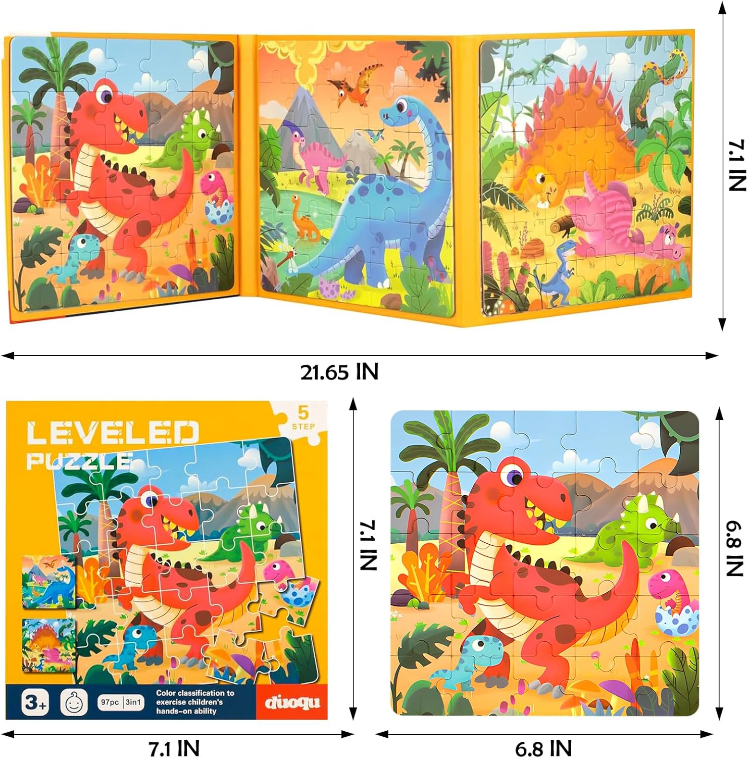 Magnetic Puzzles for Kids Ages 3-5, 3 in 1 Dinosaurs Magnetic Jigsaw Puzzle Book, Travel Puzzles Toys for Toddlers 3-8 Year (Dinosaur World)