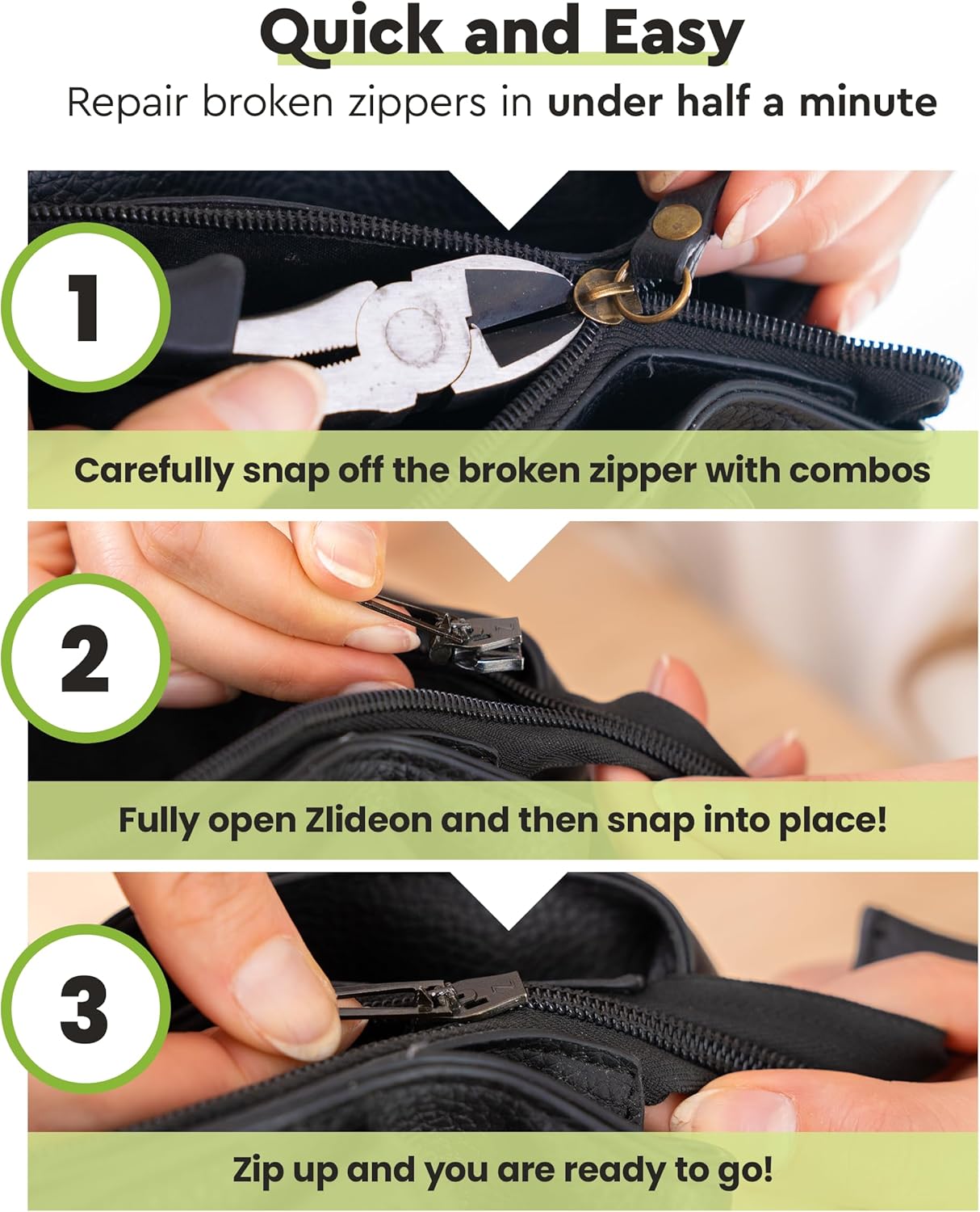 ZlideOn Zipper Pull Replacement - Black, Waterproof Multipack (2 Pieces) - Instant Zipper Replacement Slider for Waterproof Zippers
