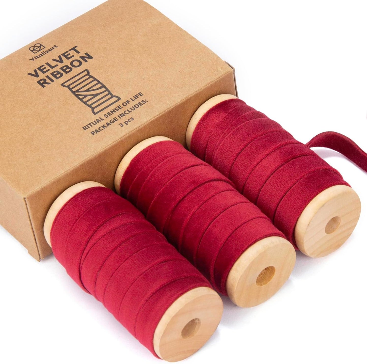 Vitalizart Red Velvet Ribbon Set 3/8" x 15 Yd Burgundy Wooden Spool Fabric Trim 3 Rolls * 5 Yd for Christmas Wreath Decoration Handmade Craft Ornaments Gift Wrapping & Bow Making