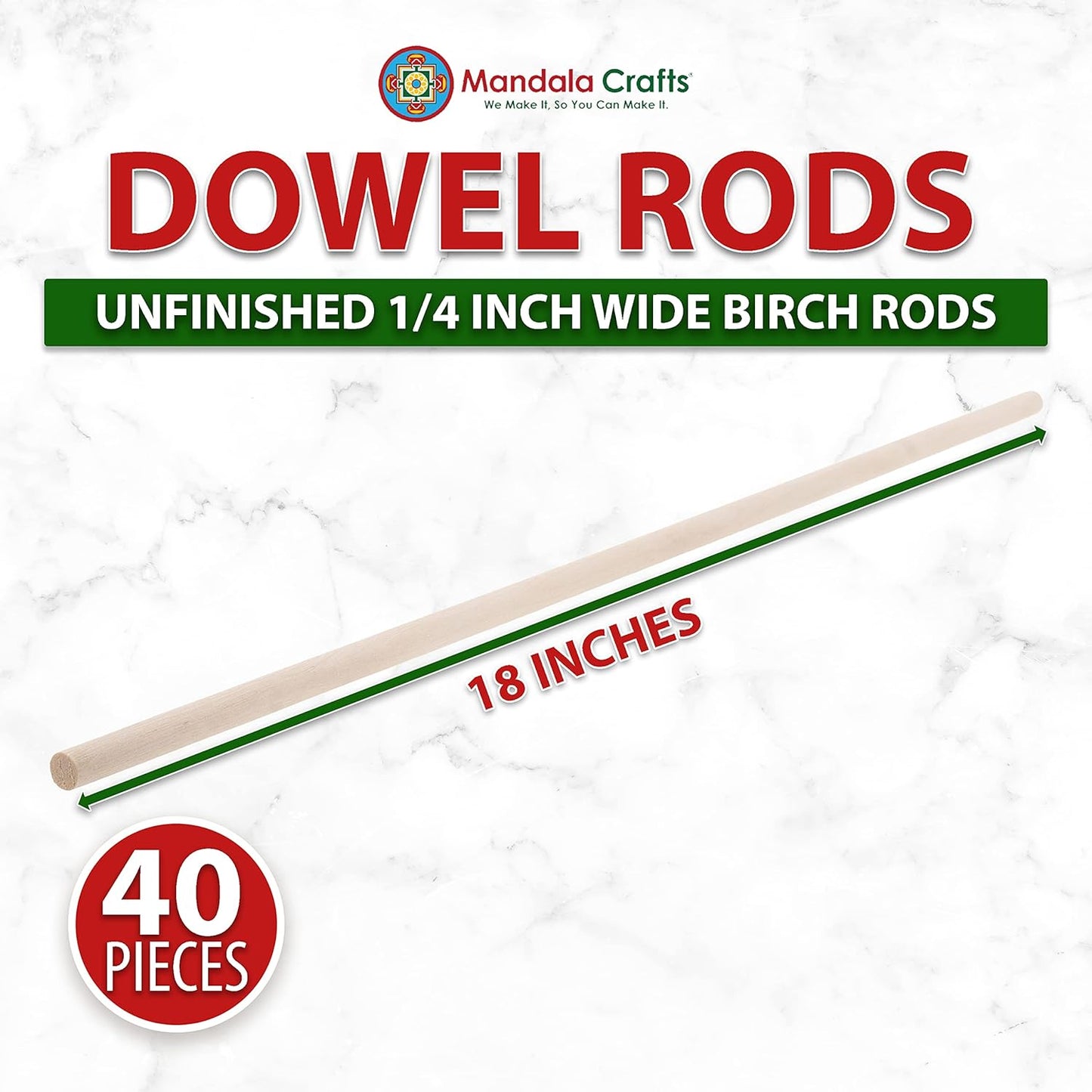 Mandala Crafts Wood Sticks Wooden Dowel Rods 18 Inches Wooden Sticks for Crafts Sticks Macrame Dowels - 40 Unfinished Wood Dowels 1/4 Inch Cake Dowels for Tiered Cakes