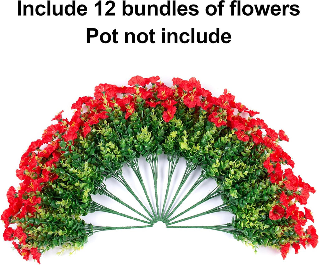 Artificial Flowers Fake Plants for Outdoors Decoration, 12 Bundles Red Silk Morning Glory with Eucalyptus Realistic UV Resistant Faux Flowers Greenery for Outside Planter Yard Garden Home Indoor Patio