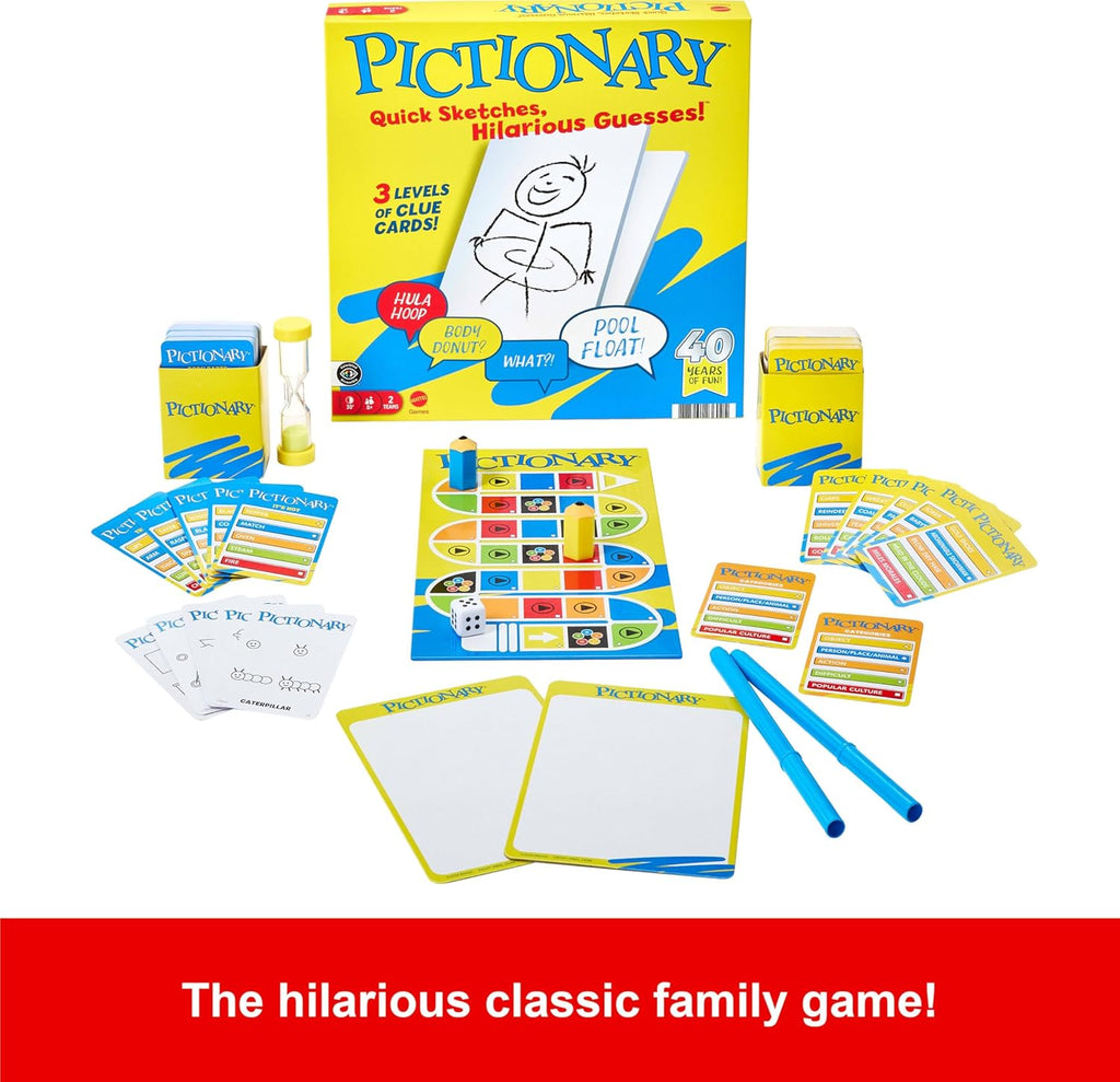 Mattel Games Pictionary Family Board Game for Kids, Adults and Game Night for 2 Teams with Erasable Markers, Boards and Sand Timer