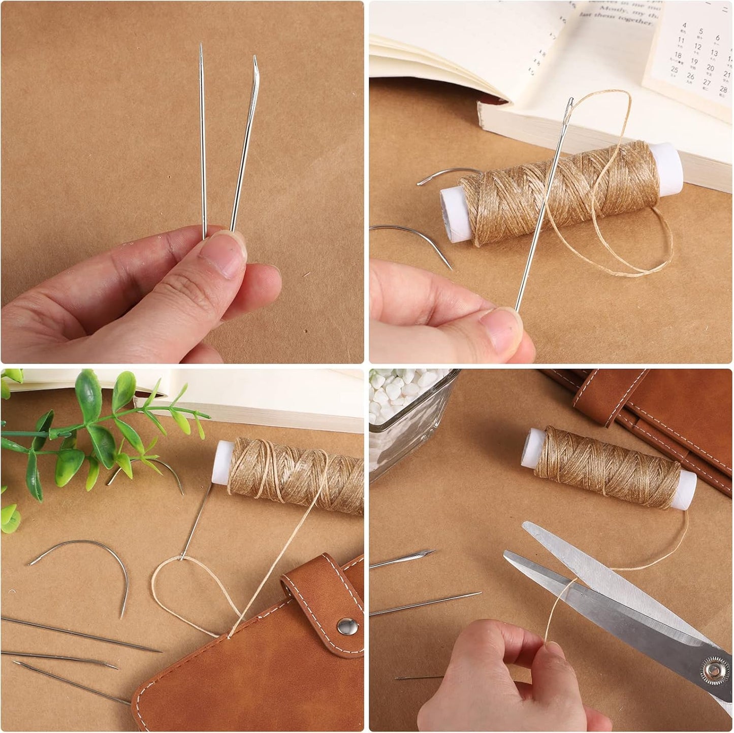55Yards Waxed Thread with 7 Pcs Leather Needles for Hand Sewing 150D Flat Sewing Waxed Thread Leather Repair Needles for Sewing Upholstery Leather Canvas Bags Sofa Furniture(Khaki)