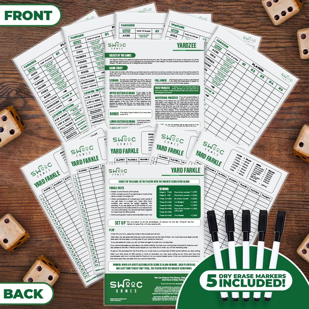 SWOOC Games® - 5 Big Premium Laminated Yardzee & Farkle Score Cards (11.5in x 8in) with Rules - Large Reusable Dry Erase Pads for Giant Outdoor Dice