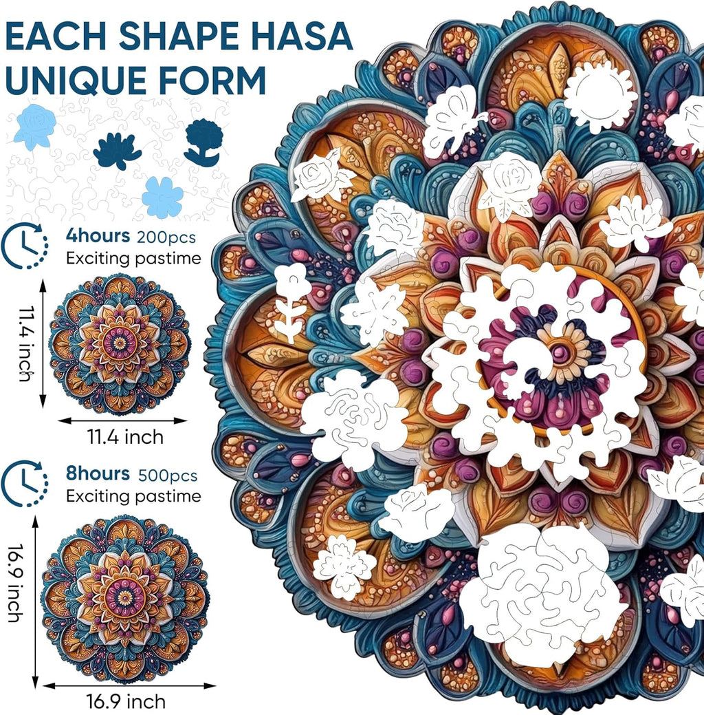 Wooden Jigsaw Puzzles - Mandala Wooden Puzzles for Adults, 500 Pcs King Size 16.7'' x 16.7'', Luxurious Shaped Wood Puzzle, Beautiful Package, Best Gift for Adults and Kids, Family Game