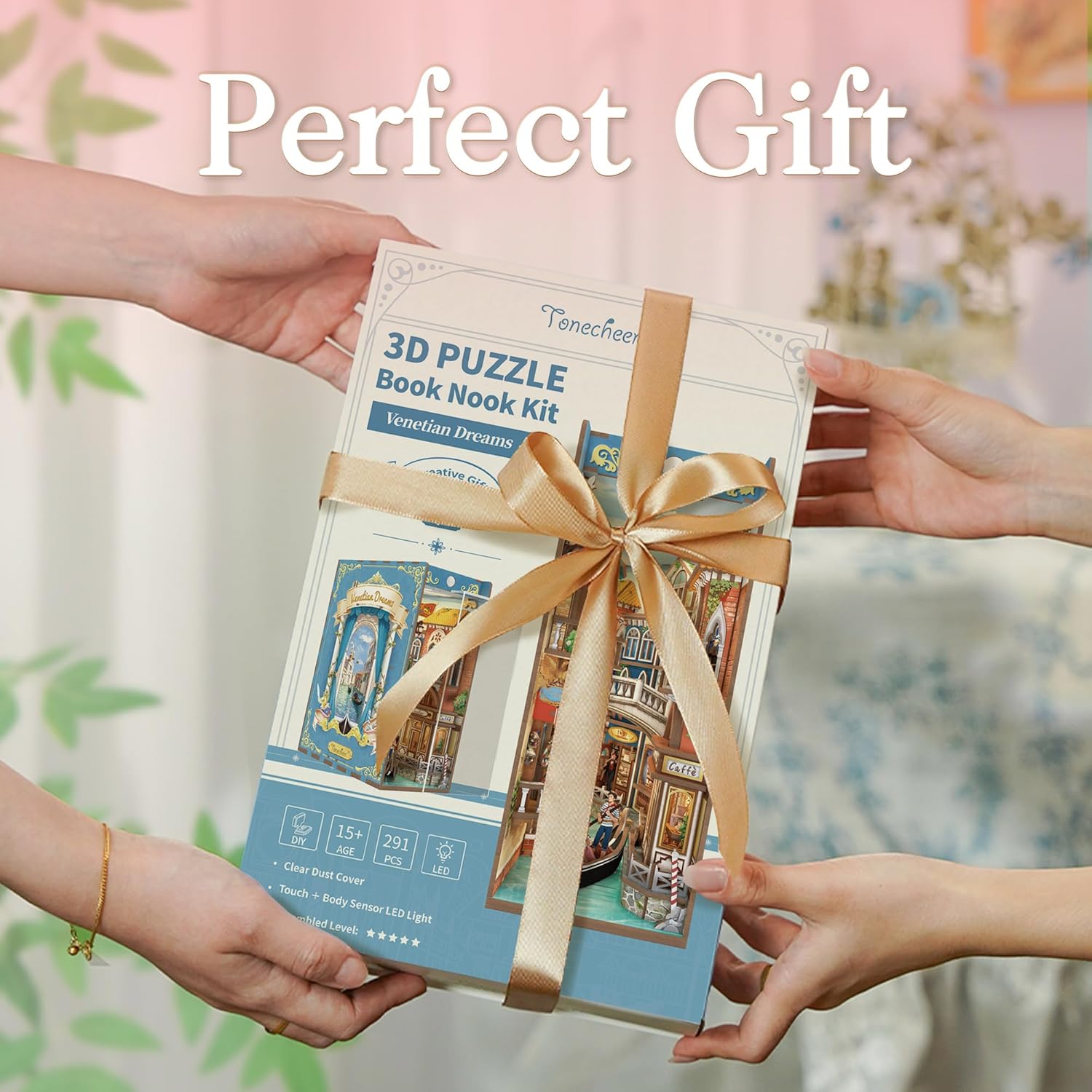 Tonecheer DIY Book Nook Kit for Adults, 3D Wooden Puzzle Bookend Miniature House Kit, Booknook Bookshelf Insert Decor with Dust Cover and LED Lights Gifts (Venetian Dreams)