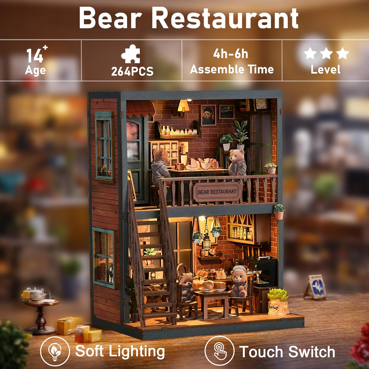 ISSEVE Book Nook Kit - DIY Miniature House Kit for Adults, Teens and Beginners, Dollhouse Booknook Craft Tiny House Bookshelf Decor 3D Wooden Puzzle, Gifts for Friends Family (Bear Restaurant)