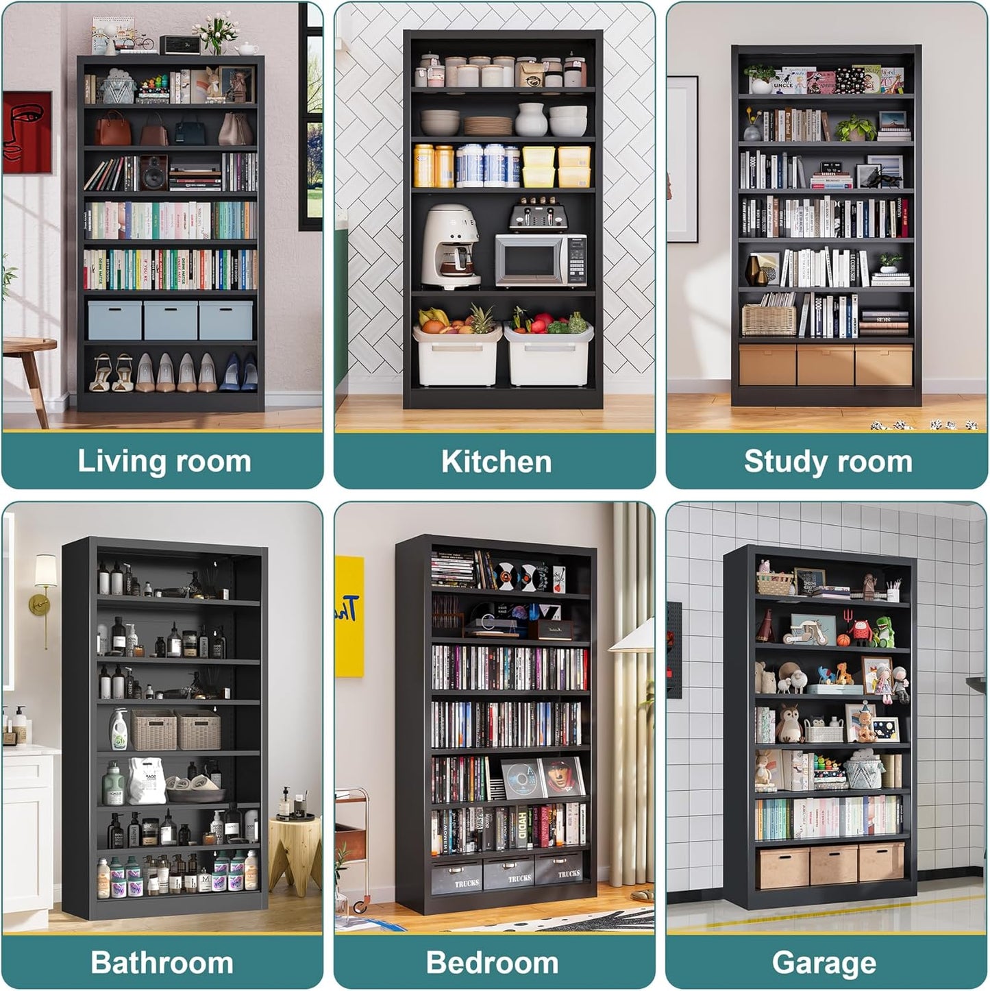 55" Storage Cabinet with 6 Adjustable Shelves (8 Tiers Total), Metal Shelving Unit for Garage, Pantry, Office – Easy Assembly, Durable Freestanding Organizer (Black, 7 Tier-55"H x 27.6"W x 11.8"D)