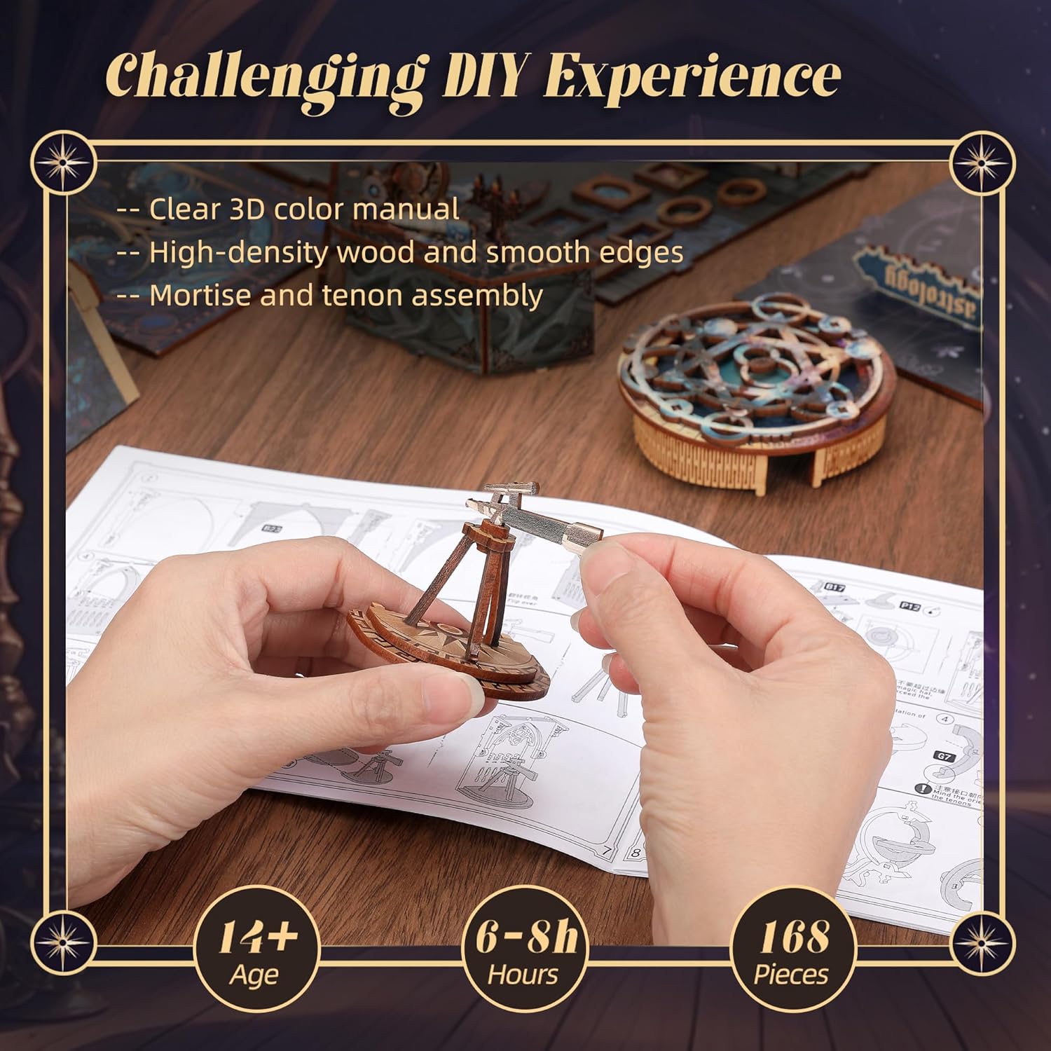 3D Wood Puzzle Book Nook Kit, Astrology Star Map Bookshelf Insert with LED Lights, DIY Celestial Miniature Bookend Décor for Display, Unique Craft Gift for Adults and Teens (Astrology)