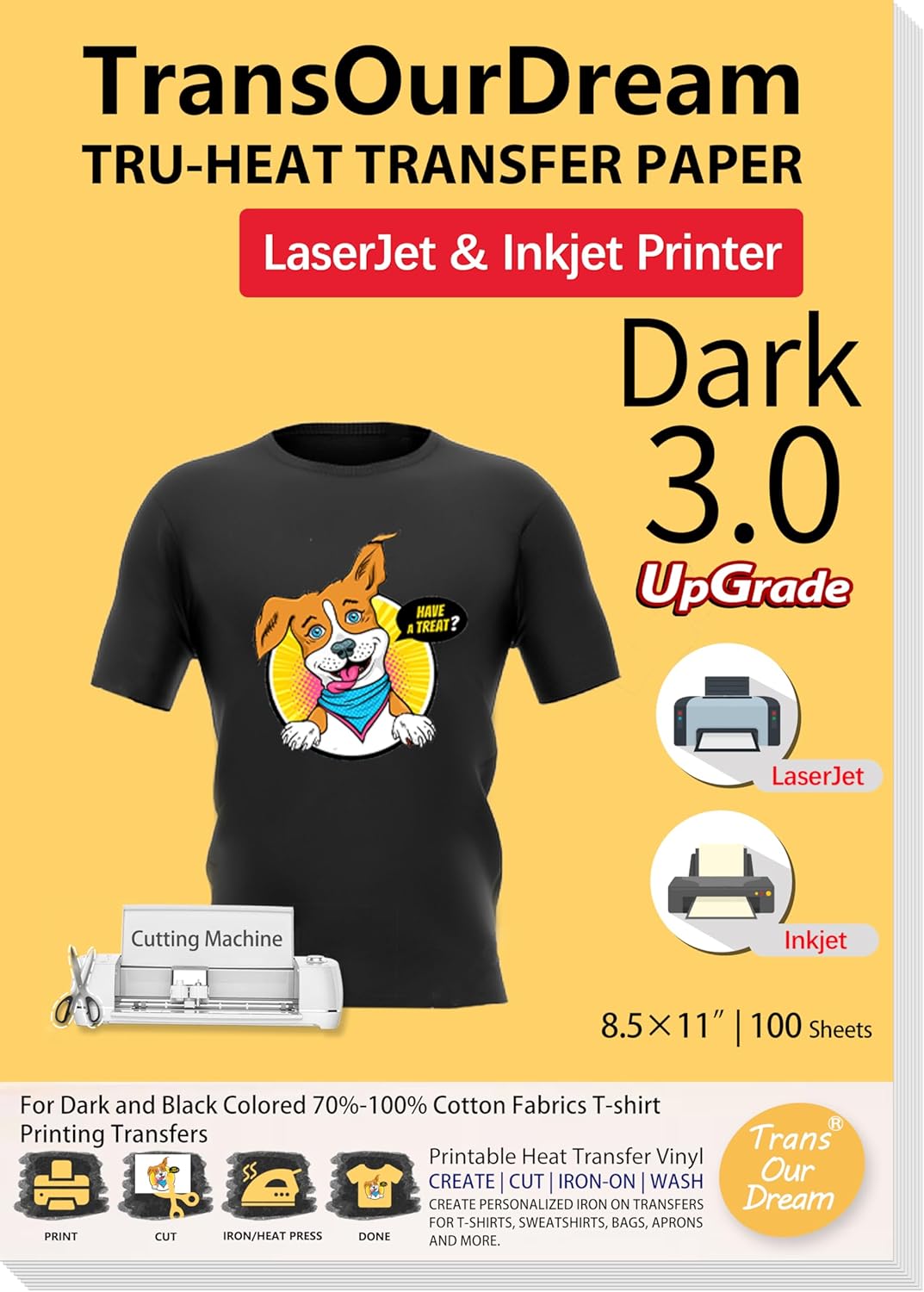 TransOurDream Iron on Heat Transfer Paper for Dark T Shirts (100 Sheets 8.5x11, Dark 3.0) Printable HTV Heat Transfer Vinyl for Inkjet & Laserjet Printer Iron On transfers for T Shirts (TRANS-D3-100)