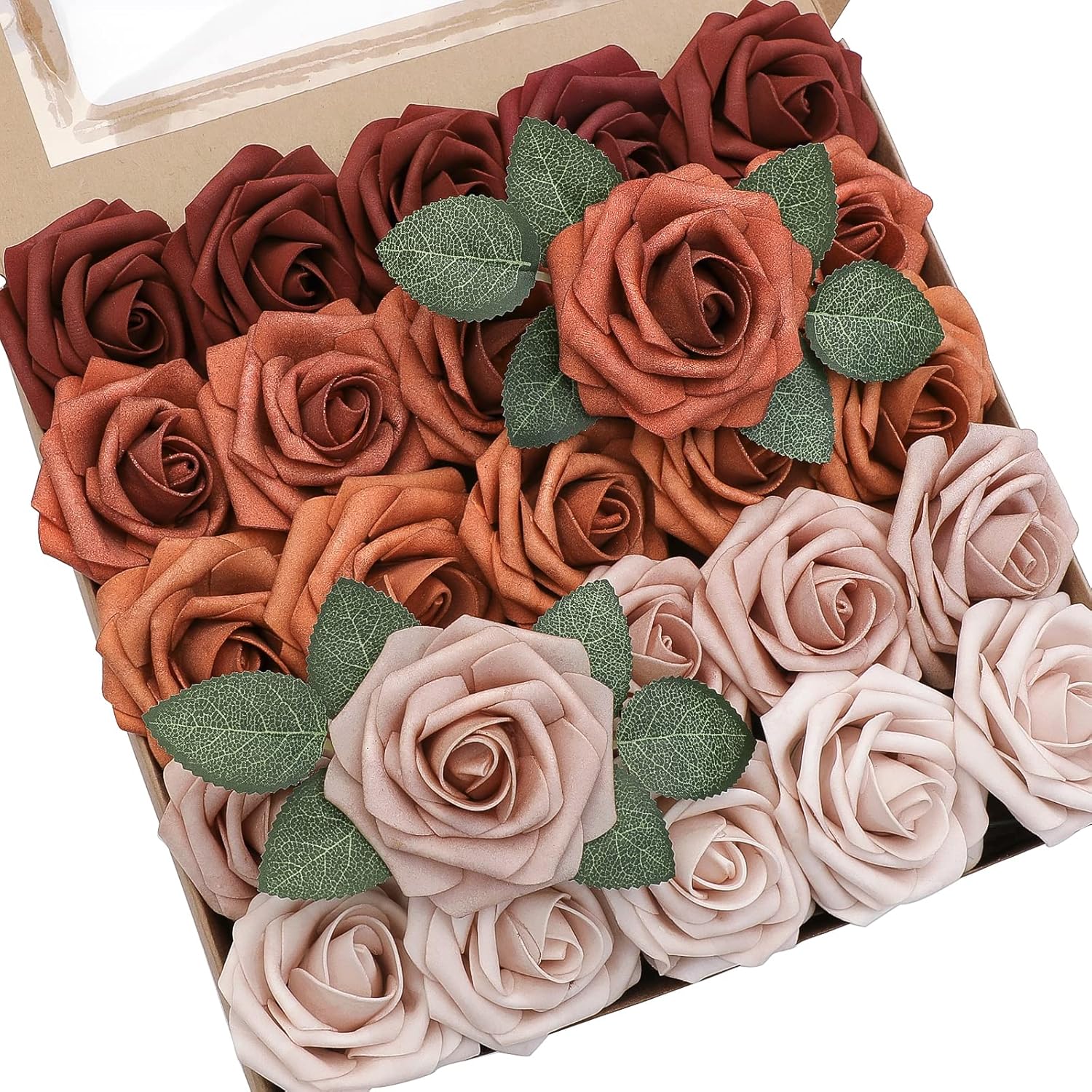 Floroom Artificial Flowers 25pcs Real Looking Terracotta Ombre Colors Foam Fake Roses with Stems for DIY Wedding Bouquets Bridal Shower Floral Centerpieces Party Tables Home Decorations