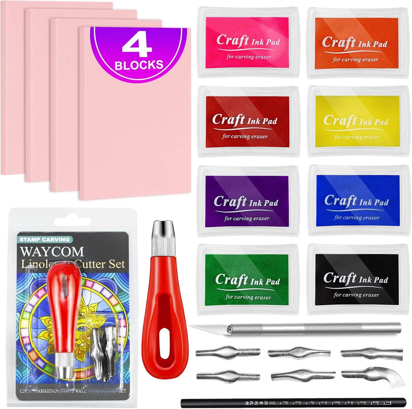 WAYCOM 18 Pcs Rubber Stamp Making Kit, Linoleum Cutter Set, Craft Ink Pad, Hobby Knife, Pencil for DIY Stamp Carving Craft