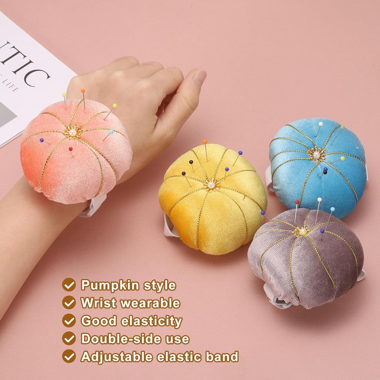HARFINGTON Wrist Pin Cushion Wristband Sewing Pincushion Polyester Pin Holder Wearable Pumpkin Shaped Needles Wristband with 100 Head Needles for Sewing Quilting DIY Crafts, Pink