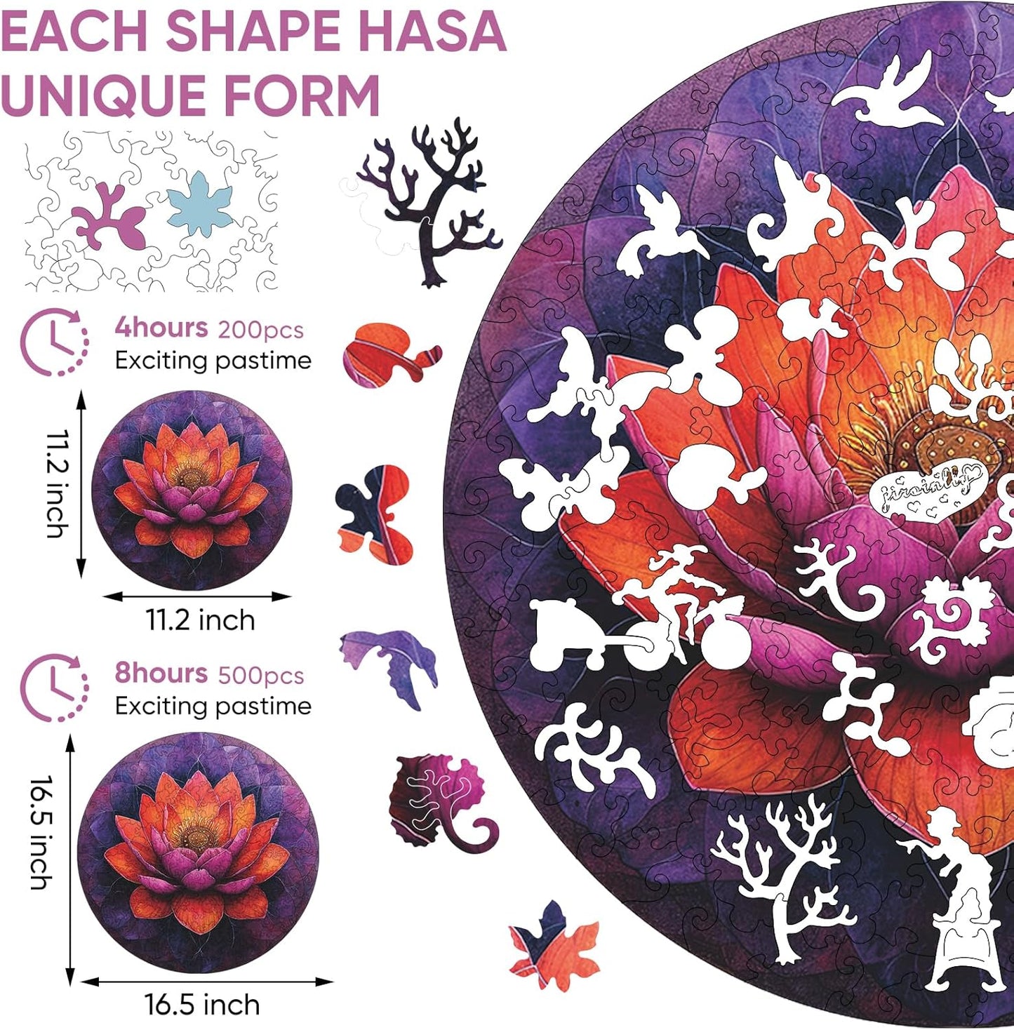 Flower Wooden Puzzle for Adults, Mandala Jigsaw Puzzles 200 Piece, Unique Shapes Family Reunion Puzzle for Adults and Kids, Beautiful Package, Best Gift for Family Friends Medium 11.2x11.2in