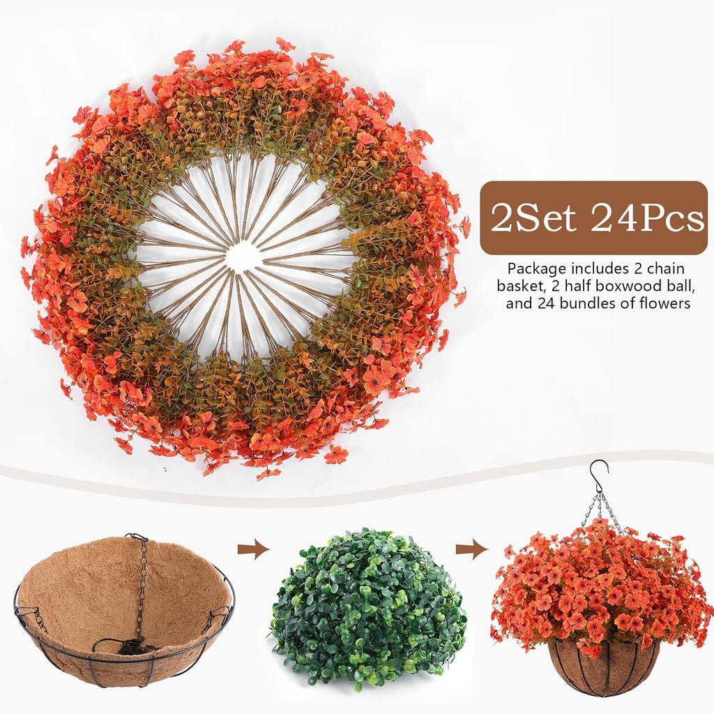 Hananona 24 Pcs Artficial Outdoor Flowers with Hanging Baskets, Orange Fall mums 2 Pack Hanging Planter with Outdoor Fall Flowers for Autumn Porch Garden and Home Patio Yard Decor (2, Orange)