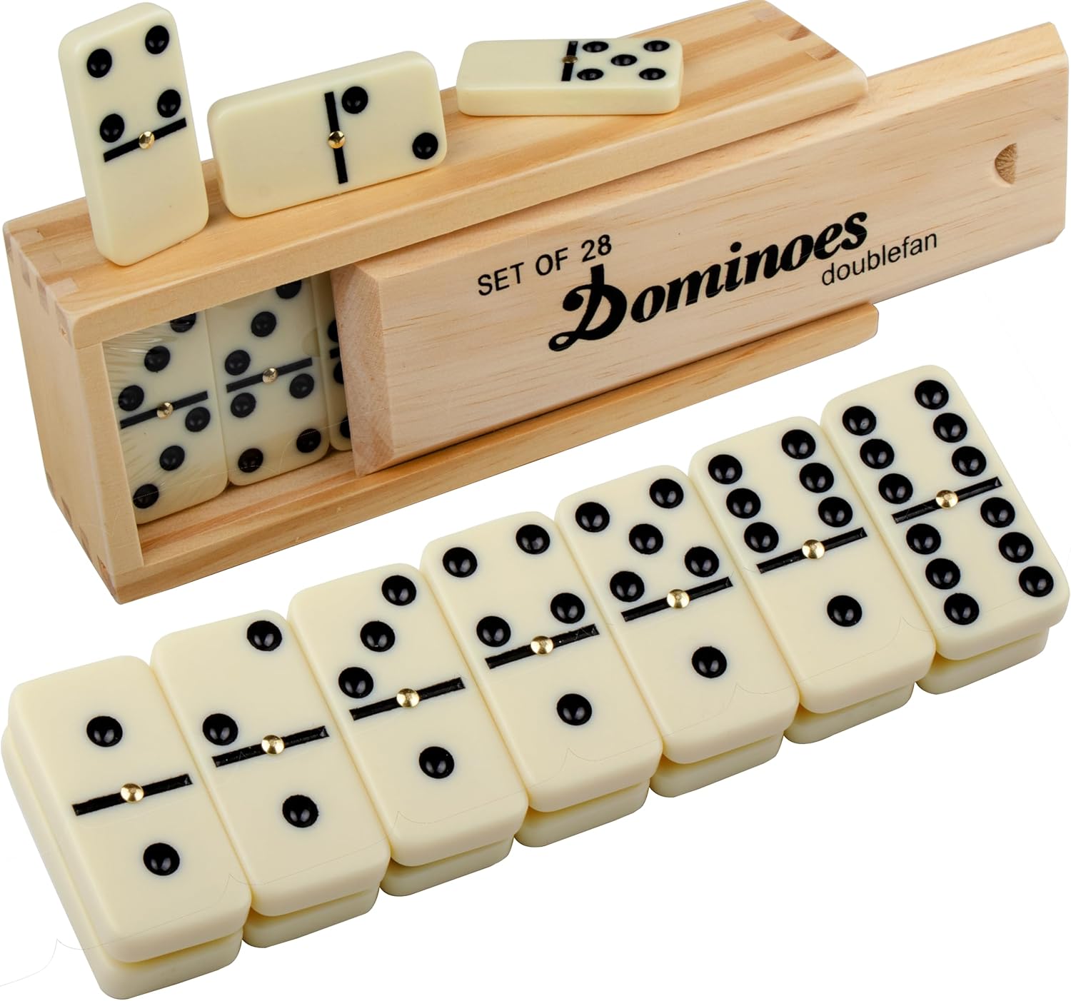Dominos Set for Adults, Double 6 Domino Game, Double Six Standard Domino with Natural Wooden Box, 28 Tiles,Tradditional Board Game for Adults and Elderly.