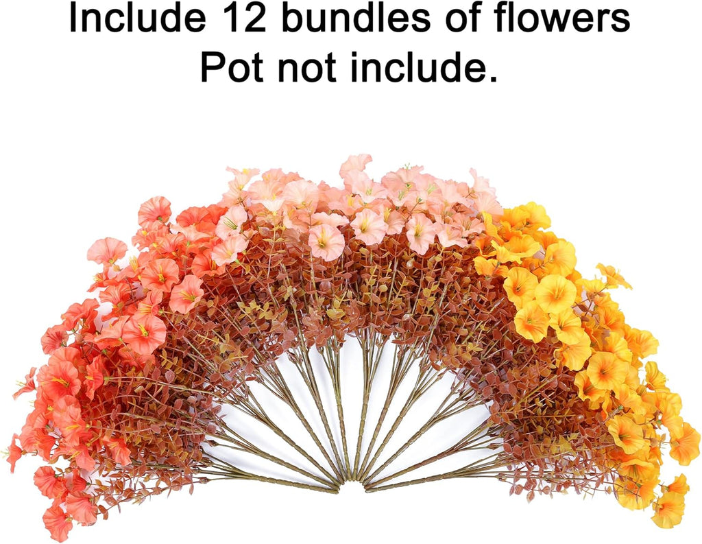Fake Mums Fall Artificial Flowers Plants for Outdoors Autumn Decoration, 12 Bundles Silk Morning Glory with Eucalyptus Realistic UV Resistant Faux Mums for Outside Planter Yard Garden Home Indoor, Mix