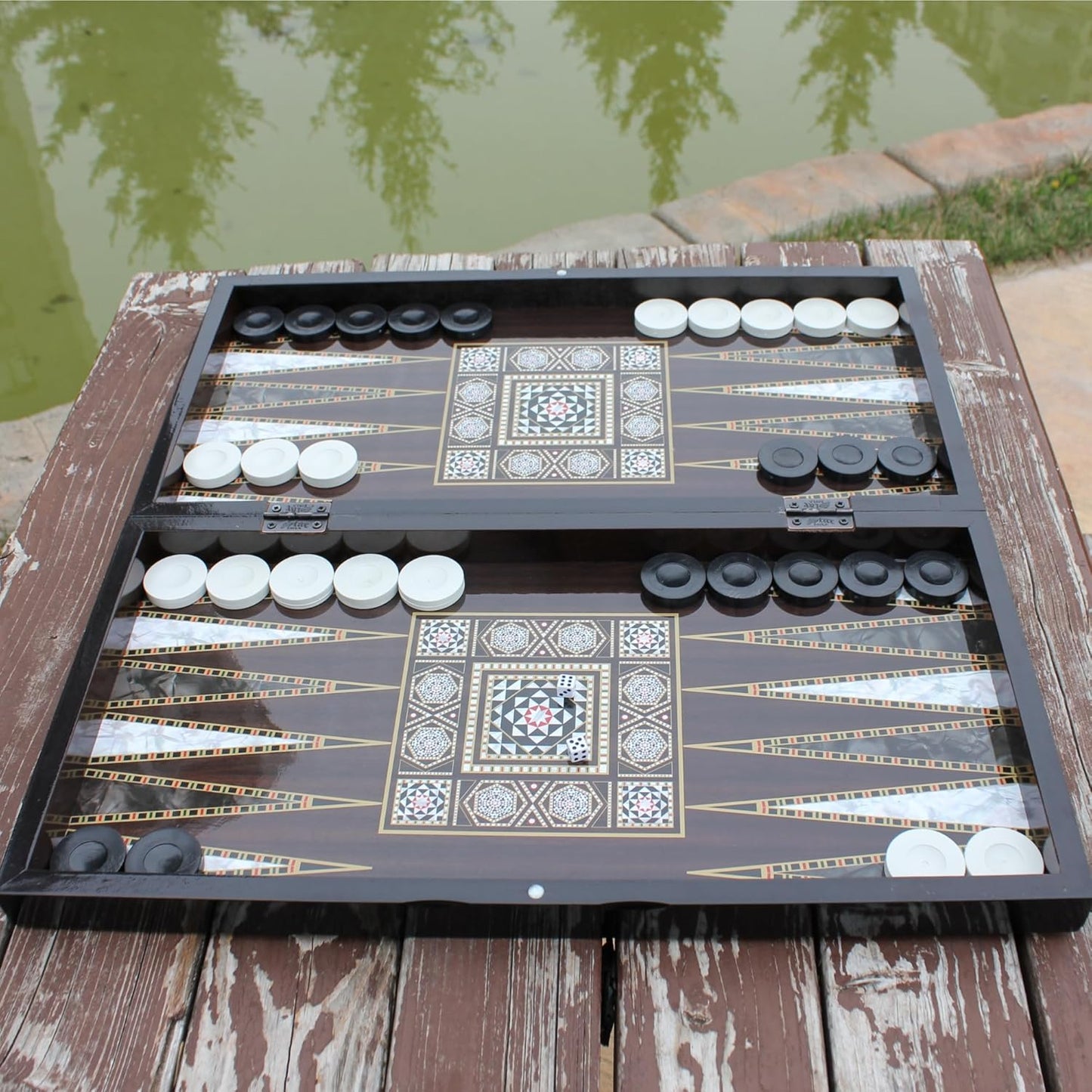 Park Oz Pearl Premium Turkish Backgammon and Checkers Set 19 Inch Handmade 2 in 1 Wooden Board Game with Glossy Finish Luxury Checkers and Dice Travel Friendly and Foldable