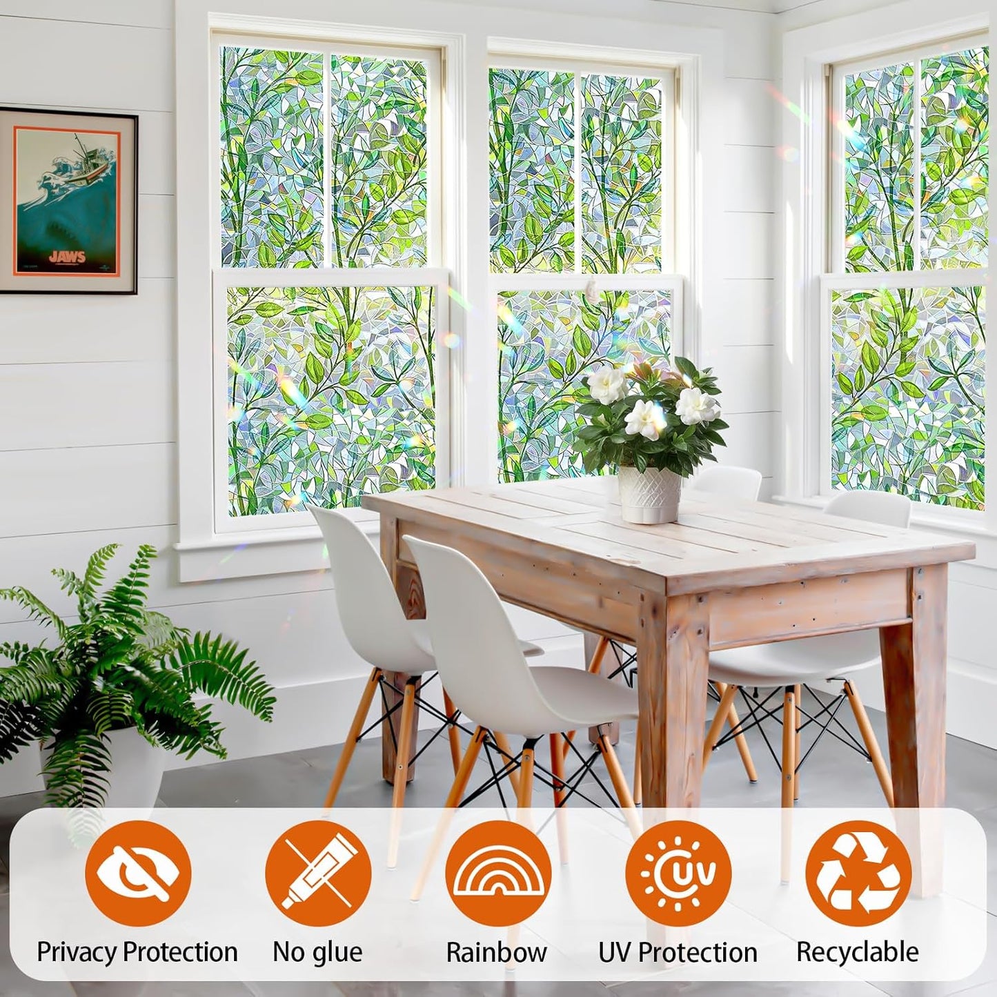 Niviy Window Privacy Film Stained Glass Window Film with Installation Tools, Rainbow Windows Decorative Decals Non-Adhesive Reusable for Home, Bathroom, Glass Door (Leaf Rainbow, 17.5 x 78.7 in)