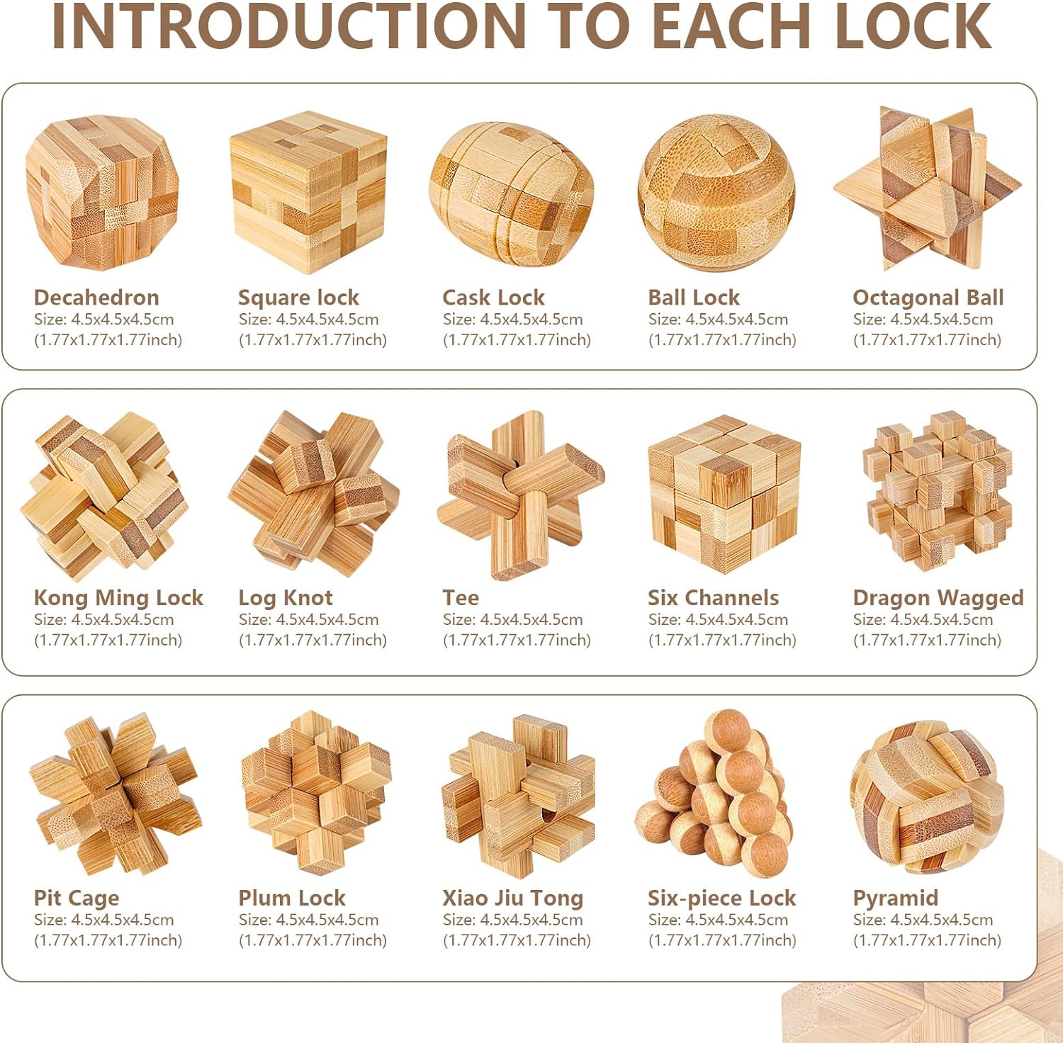 VolksRose 15pcs Wooden Brain Teaser Puzzles, IQ Challenge Puzzle Games, Logic Smart Mind Puzzle Box Lock Toy Removing Assembling 3D Small Puzzle Gift Set for Adults Teenagers Kids, 1.8inch 4.5cm