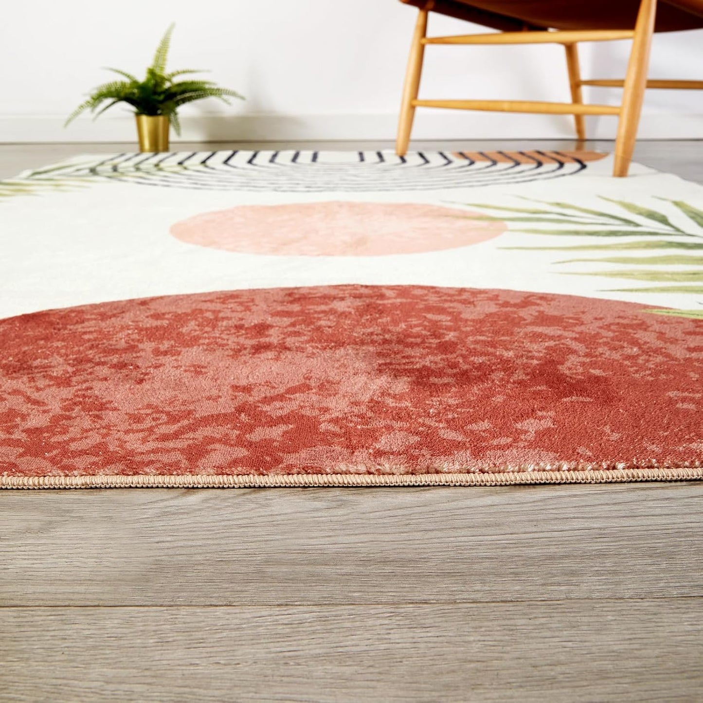 RoomTalks Boho Cute 3x5 Small Area Rugs Washable, Modern Abstract Geometric Shape with Tropical Leaves Non Slip Throw Rugs for Bedroom Kitchen Entryway Indoor Botanical Accent Carpet