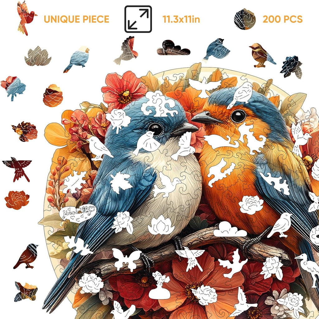 Wooden Puzzle for Adults, Twin Birds Jigsaw Puzzles 500 Piece, Unique Shapes Family Reunion Puzzle for Adults, Beautiful Package, Best Gift for Family Friends Medium 11.4x11in