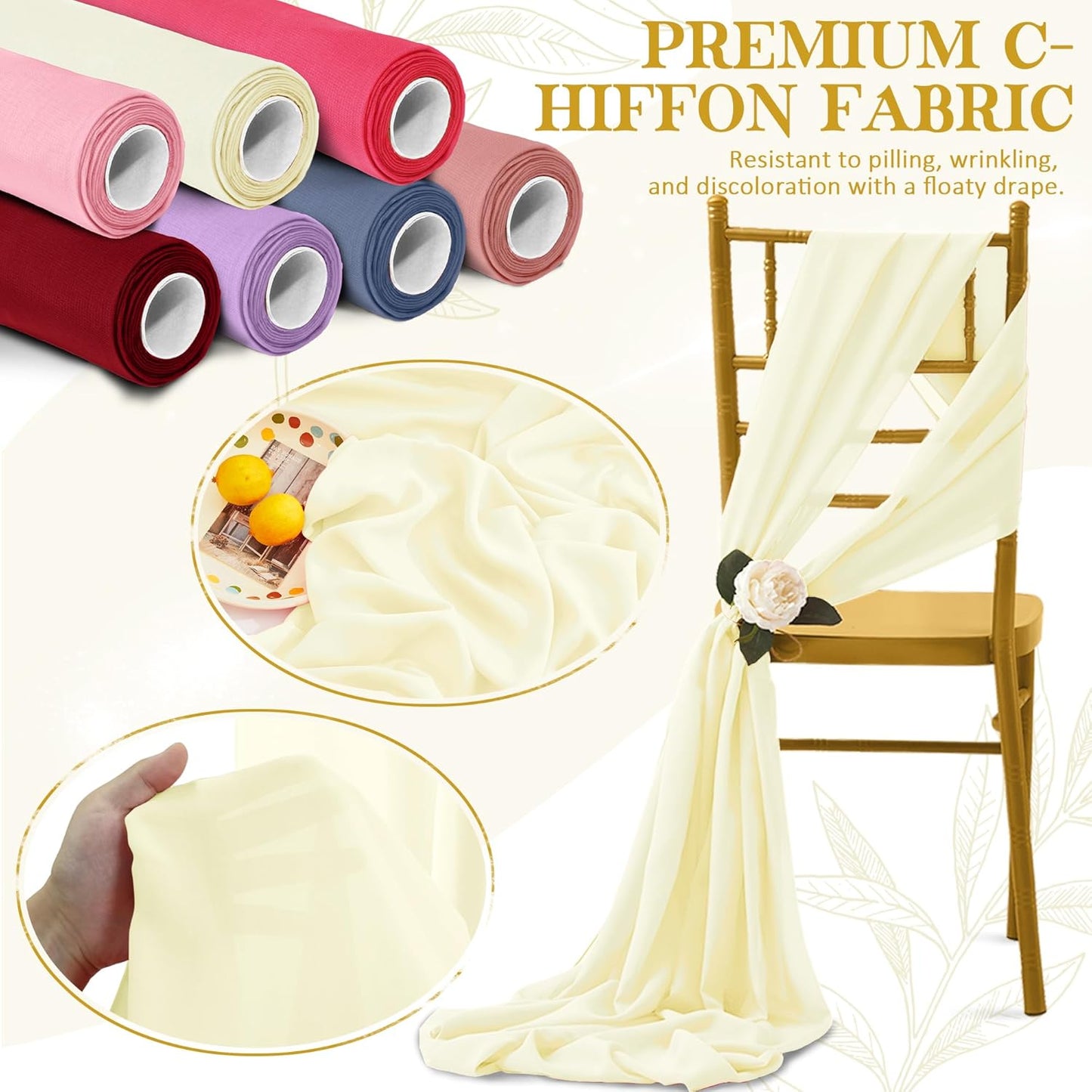 Horbaunal Ivory Chiffon Fabric by The Yard, 5 Yard Continuous Sheer Fabric 59" Wide Soft Draping Fabric for Wedding Arch Draping Party Backdrop DIY Sewing