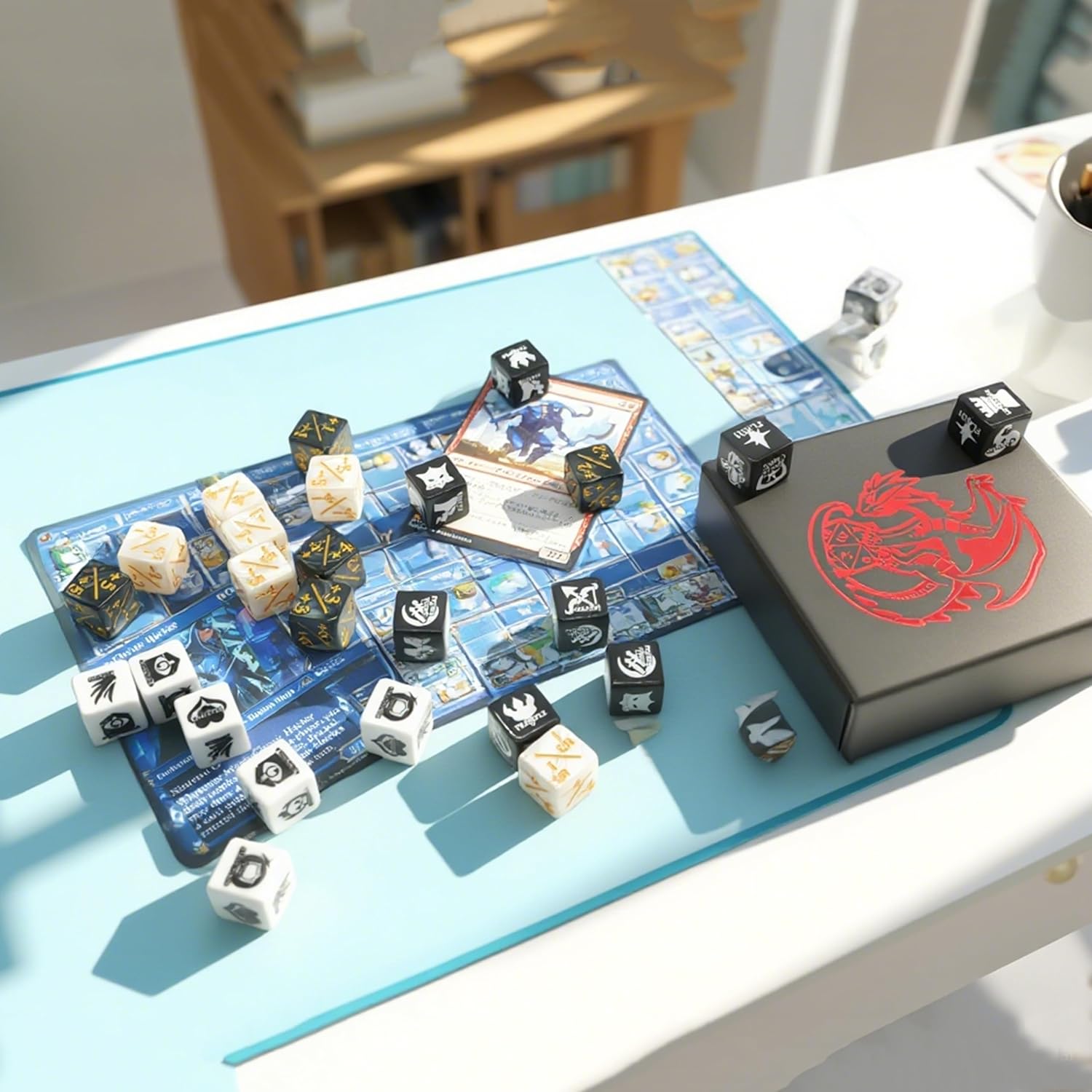 MTG dice Set with counters for Final Fantasy MTG - 50 dice Including keyword, +1 to +6, and -1 to -6 counters - Comes with Storage Box and Pouch (Pattern Version)