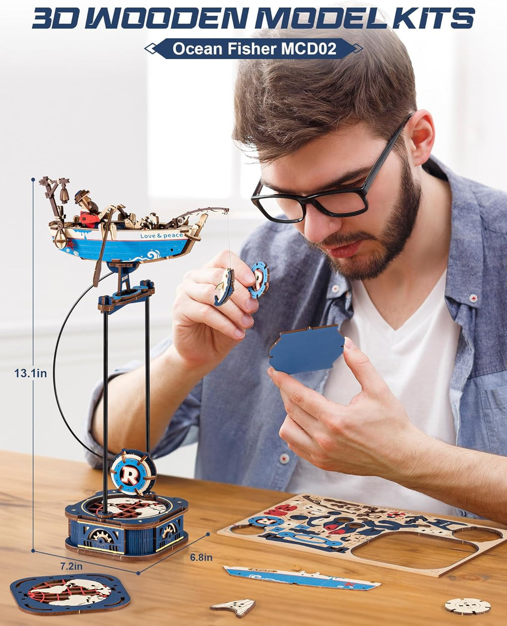 ROKR 3D Wooden Puzzles for Adults,Gravity Swing Ocean Fisher Model kit, 161Piece 3D Puzzles for Adults