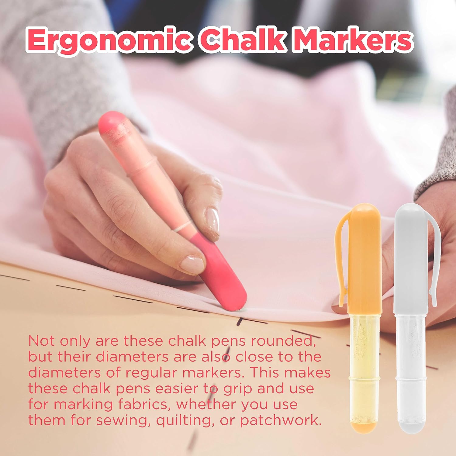 (3-pack) Fabric Chalk Markers -Erase Tailor’s Chalk for Quilting and Sewing - Compatible with Most Fabrics - With Dosing Wheel Technology, Red, Yellow, White