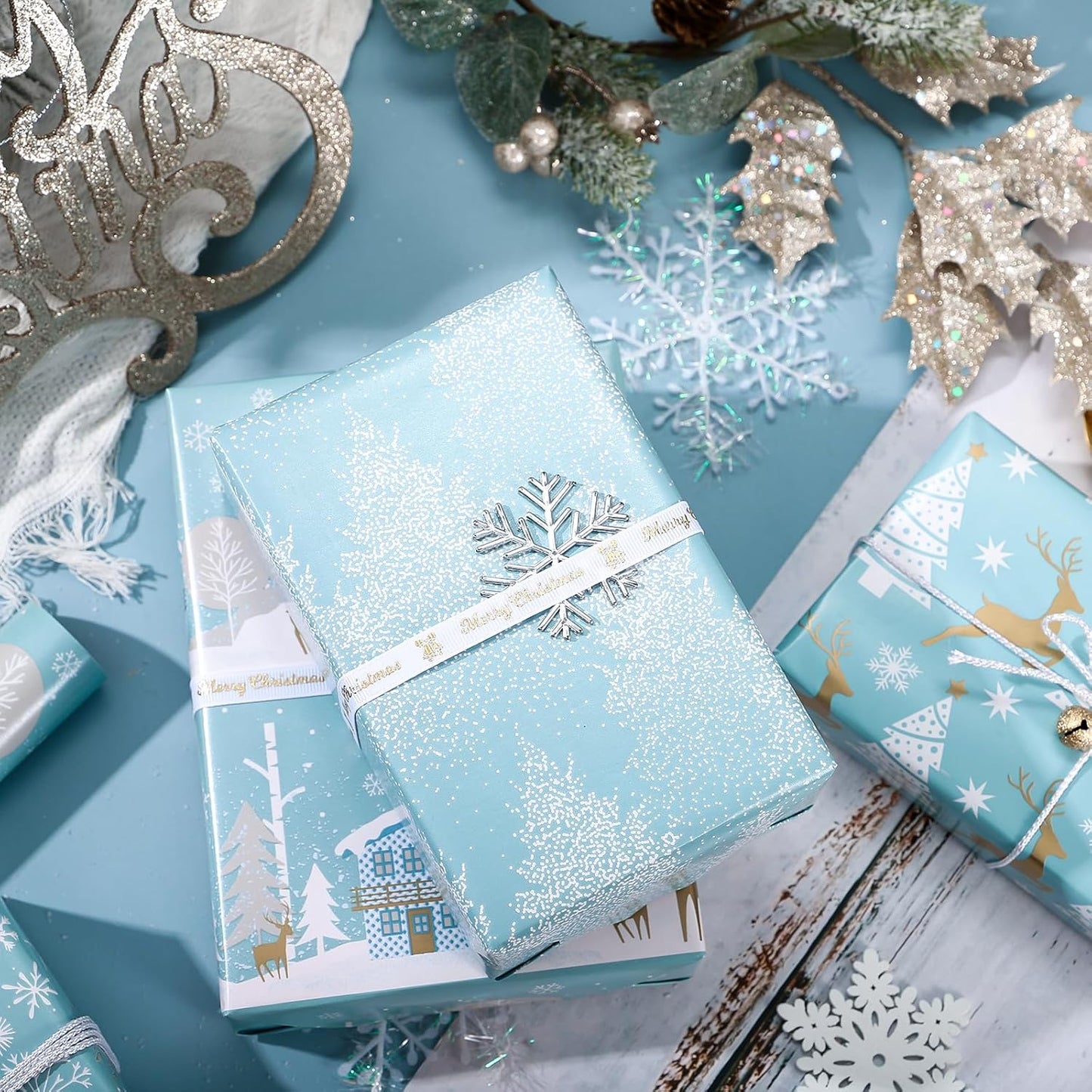 WRAPAHOLIC 30 Inch Christmas Wrapping Paper Roll - Jumbo Roll Blue and Silver Reindeer, Christmas Tree, Snowflake Holiday Design Printed on Pearlized Paper - 4 Rolls - 30 Inch x 120 Inch Per Roll