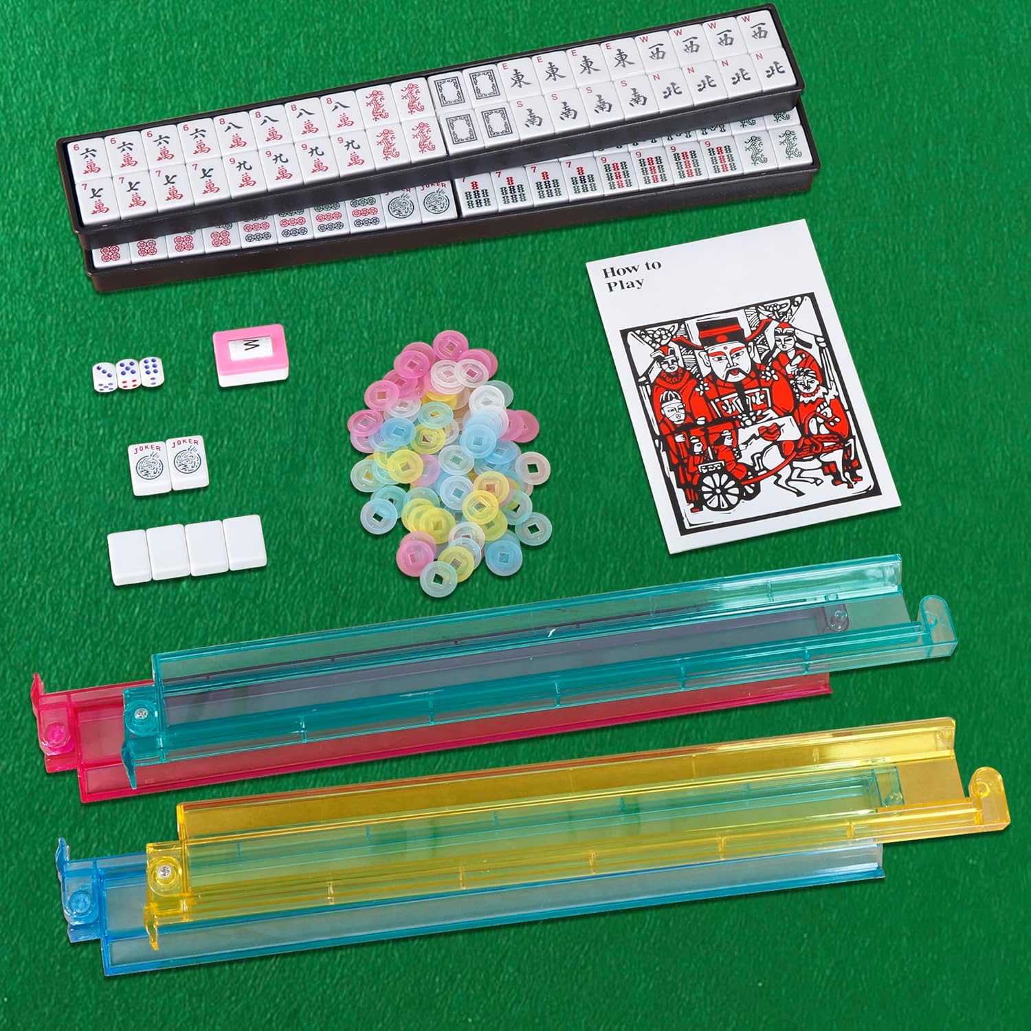 Smartxchoices 166 Tiles Mah Jongg Set American Mahjong 4 Color Pushers/Racks Mahjongg Game with Soft Velour Bag,Western Mahjongg Tiles