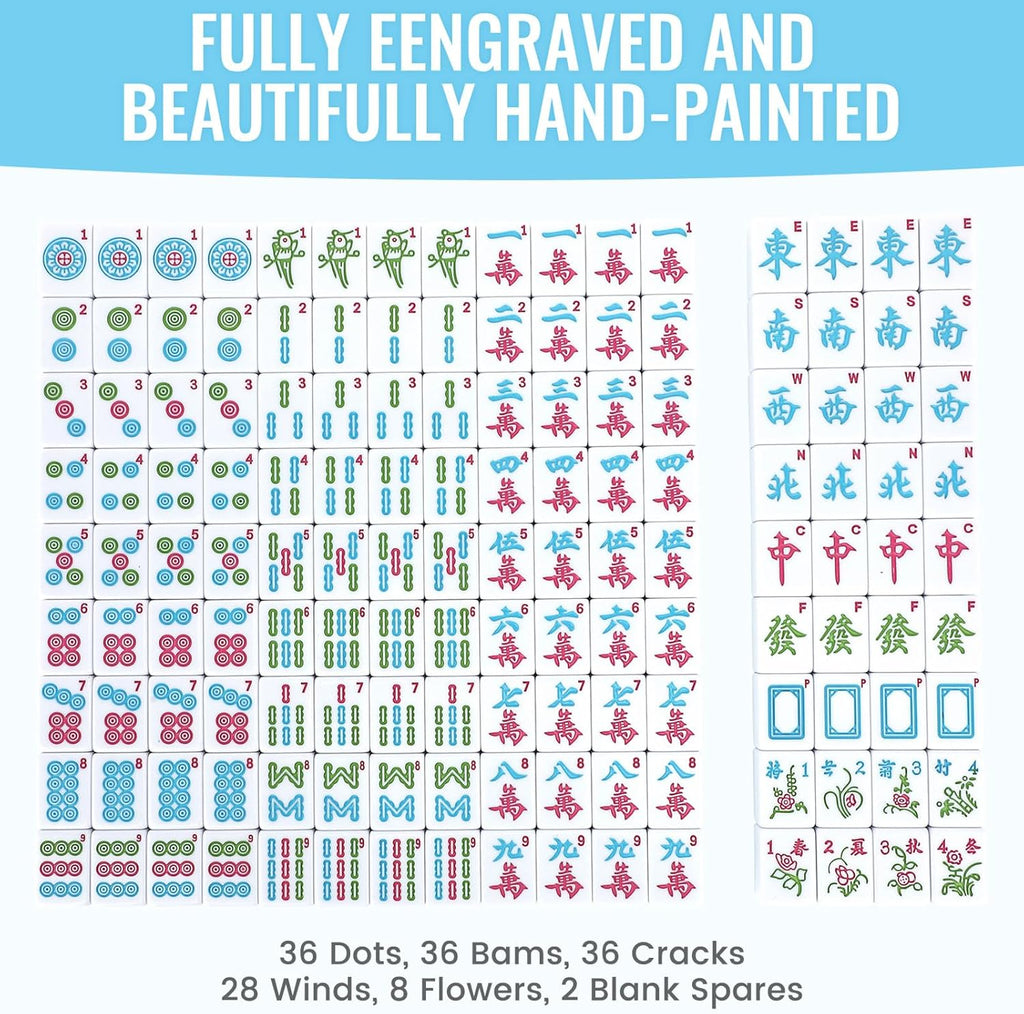 Chinese Mahjong Game Set 146 Qulity Mahjong Blue Tiles 1.4-inch Chinese Mahjong Game Set with Blue Printed Carrying Bag