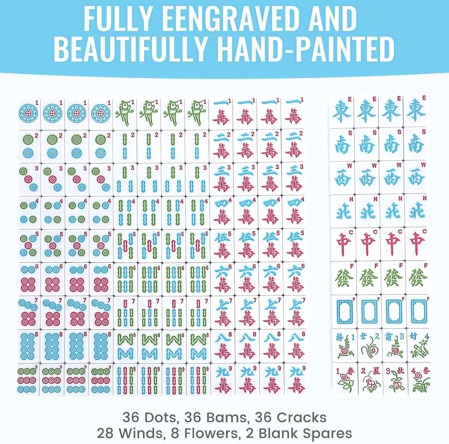 Chinese Mahjong Game Set 146 Qulity Mahjong Blue Tiles 1.4-inch Chinese Mahjong Game Set with Blue Printed Carrying Bag