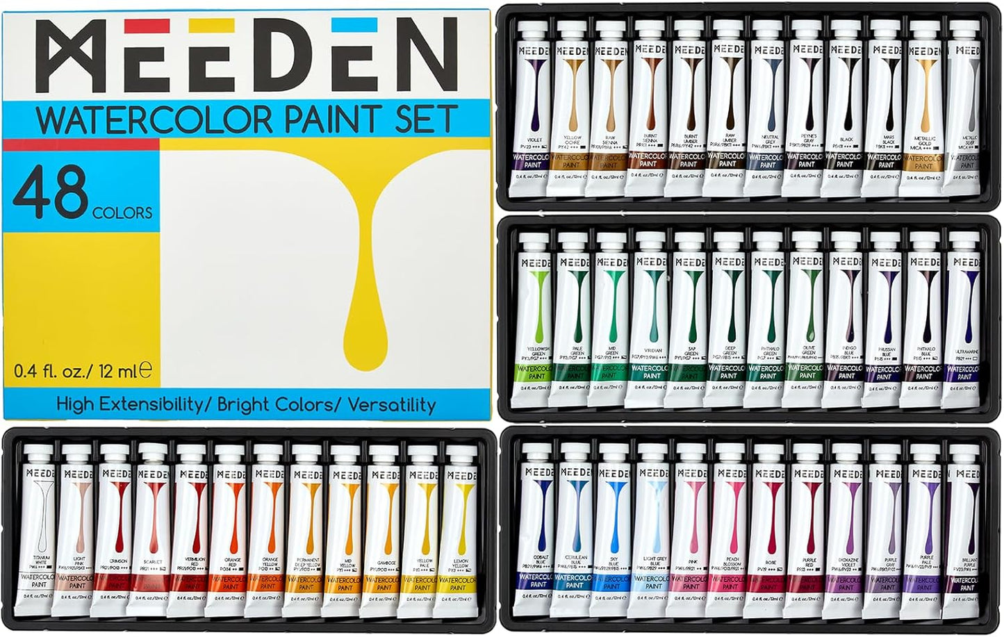 MEEDEN Watercolor Paint Tubes Set - 48 x 12ml (0.4 oz) Colors Painting Set Art Supplies - Non Toxic Water Color Paint for Adults Beginners Students