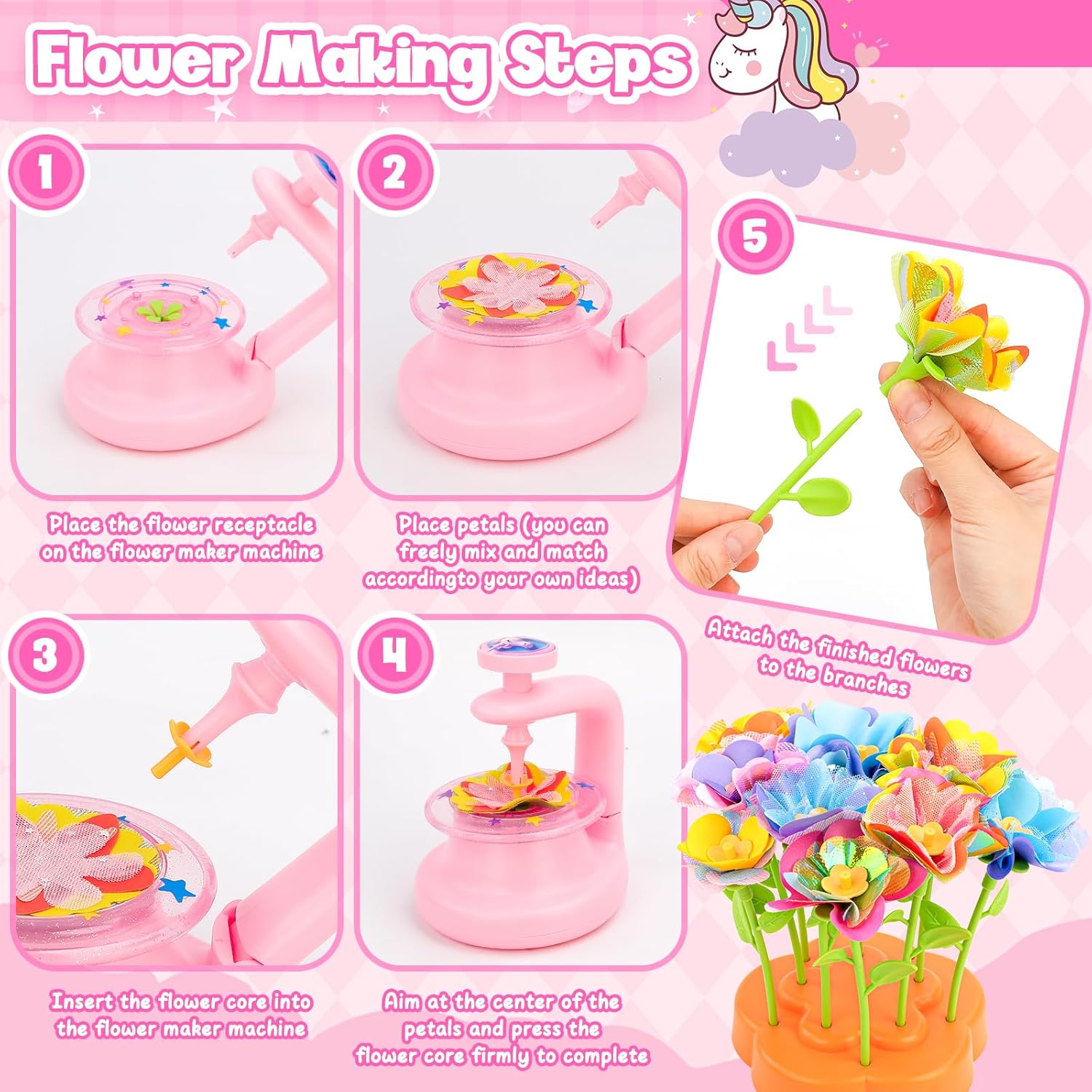 cosone Crafts Kits for Kids Ages 4-8, DIY Fabric Flower Bouquet Kit for 5 6 7 8 Year Girls Unicorn Flower Press Toys Educational Toy Preschool Birthday Gifts for Girls Handmade Activity Set - Pink