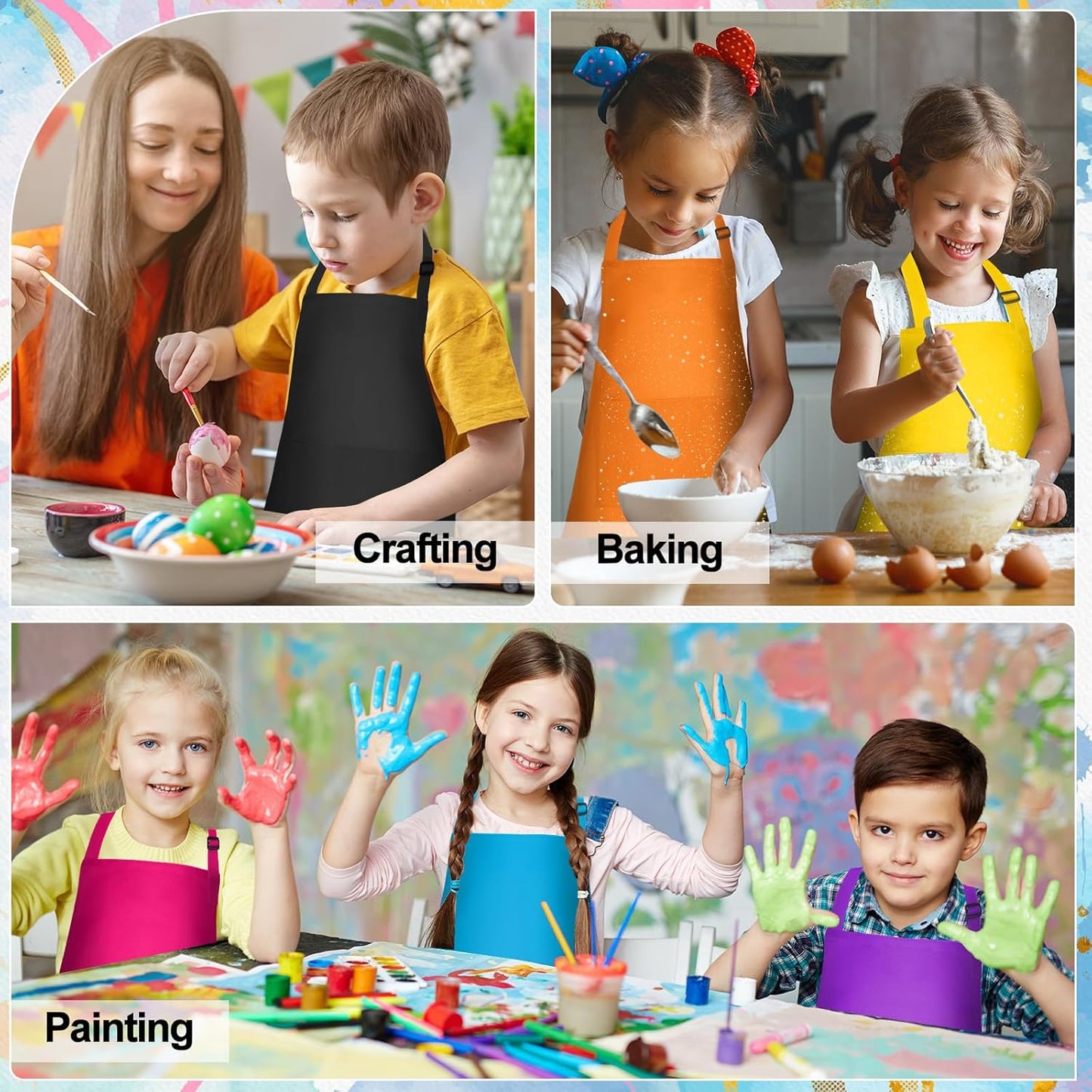PLULON 10 Pcs Kids Apron Set Adjustable Children Art Aprons with 2 Pockets Artist Apron Bulk for Baking Painting Cooking Activity - 10 Colors