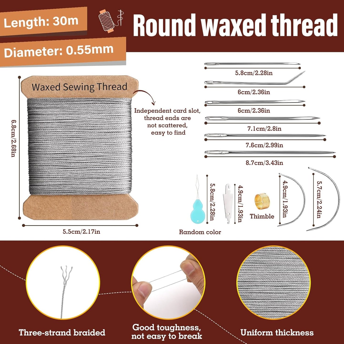 Repair Sewing Kit, Upholstery Needle and Thread Kit with 32 Yard Waxed Thread and 8 Pcs Heavy Duty Leather Needles for Hand Stitching, Canvas & Quilting - 0.55mm Round Waxed Cord Gray