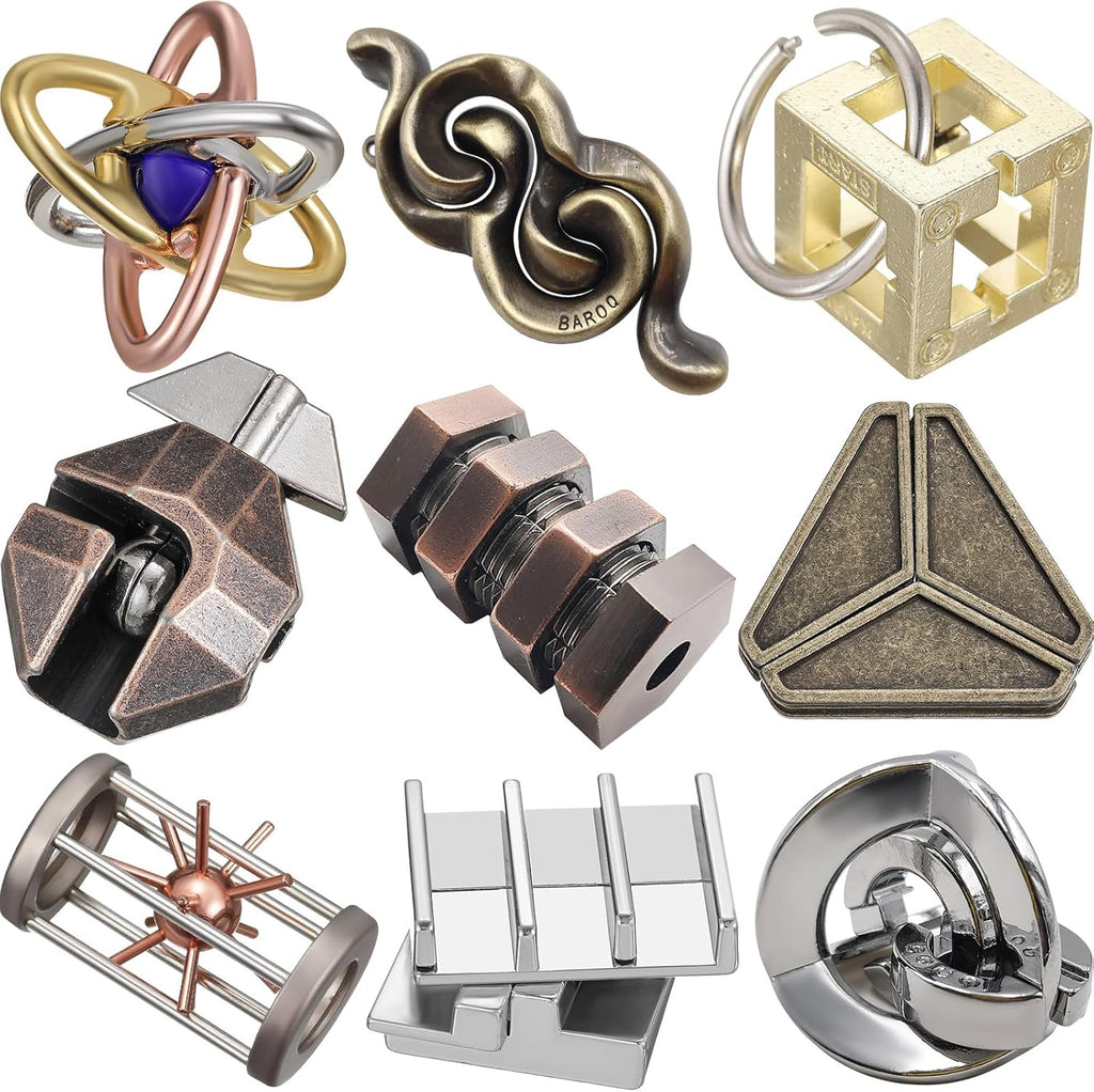 Wettarn 9 Pcs Metal Brain Teaser Puzzles Teaser 3D Steel Puzzle for Adults Unlock Interlocking Games IQ Education Smart Logic Test Toys for Adults Mind Challenge(Magic Style)