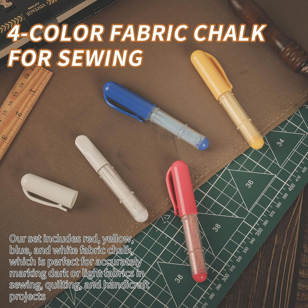 (4-pack) Fabric Chalk Markers (Red, Yellow, Blue, White) -Erase Tailor’s Chalk for Quilting and Sewing - Compatible with Most Fabrics - With Dosing Wheel Technology, 4 Colors