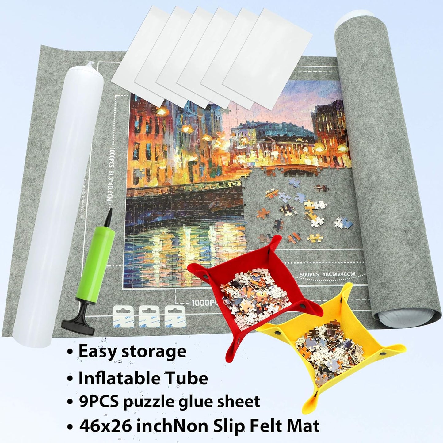 Portable Puzzle Mat Roll Up - with 9 Glue Sheets, Sorting Trays, Hand Pump, Inflatable Tube, and Storage Bag - Perfect for Kids and Adults (Gray, 1500pcs)